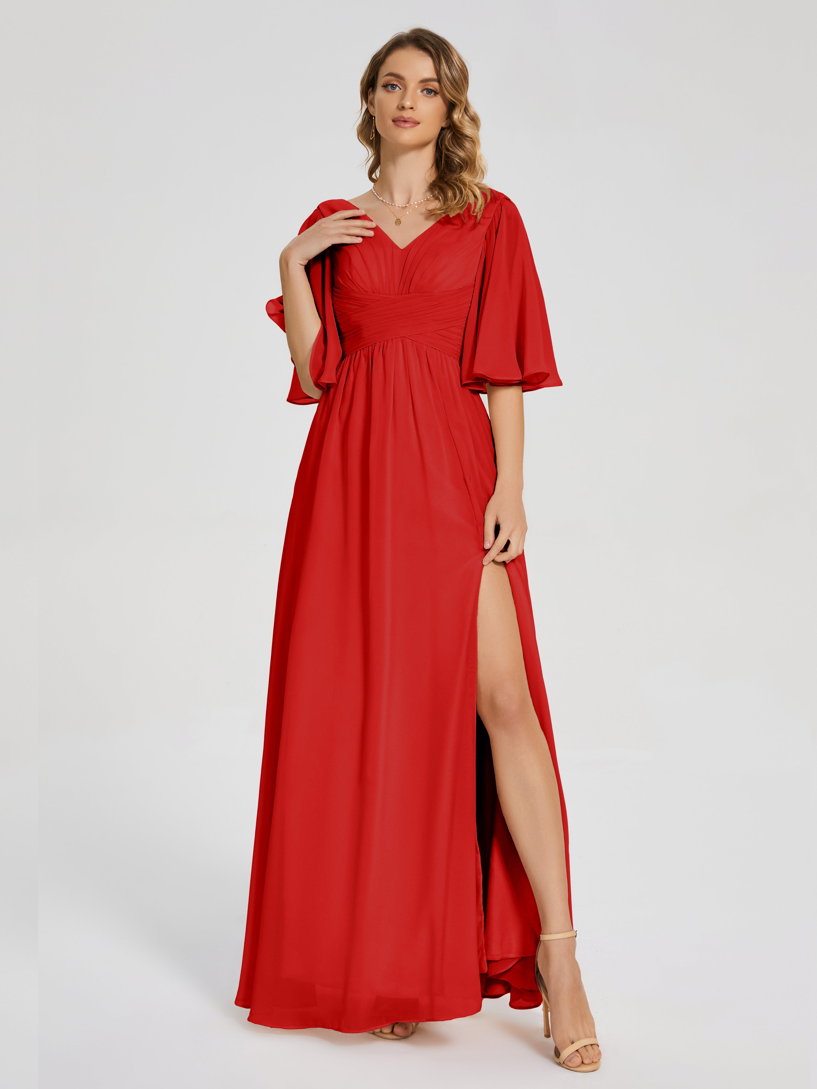 Robes De Demoiselle D'Honneur Rouges Demi Manches Fendue Mousseline Robes Demoiselle D'Honneur