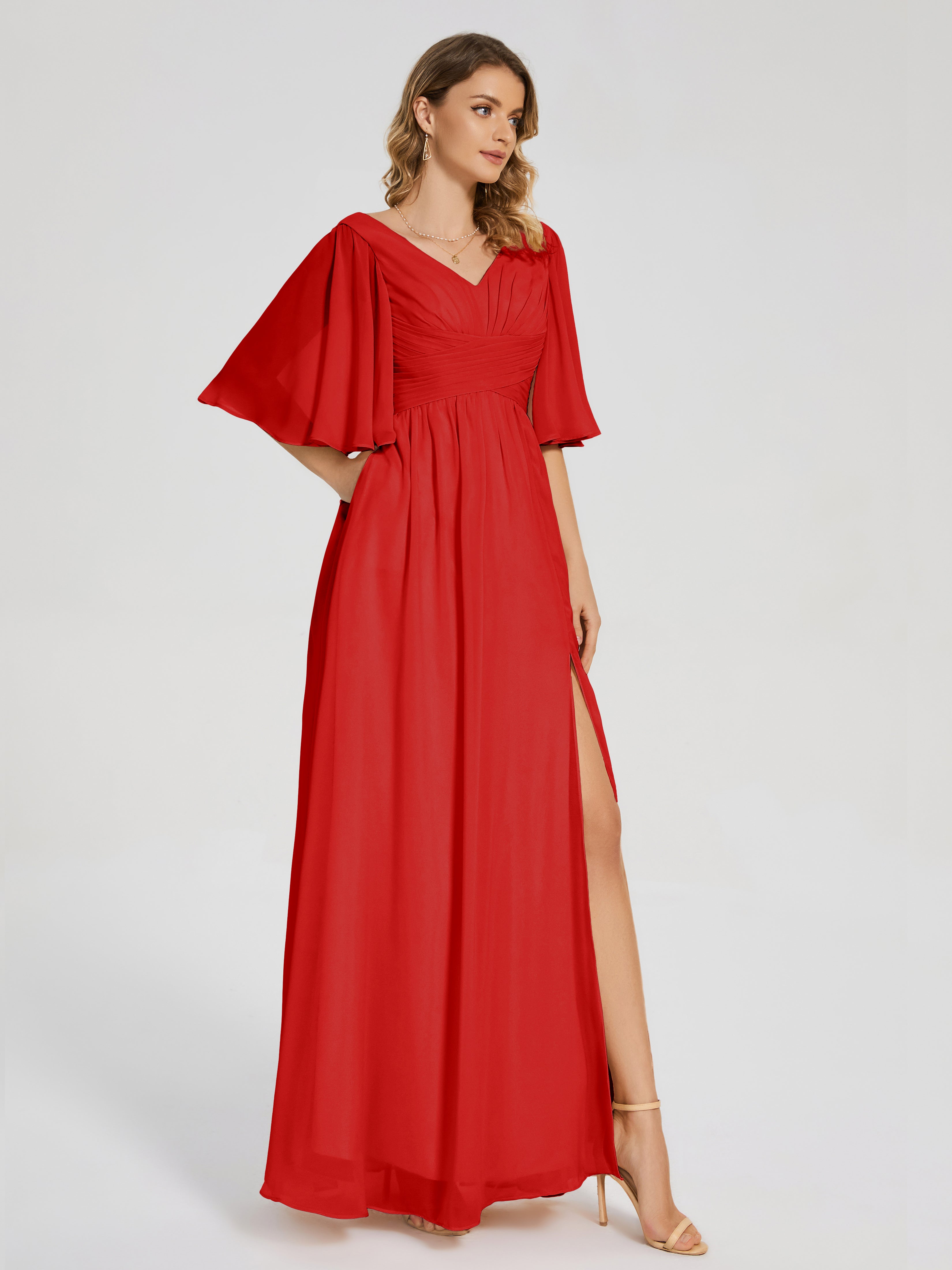 Robes De Demoiselle D'Honneur Rouges Demi Manches Fendue Mousseline Robes Demoiselle D'Honneur