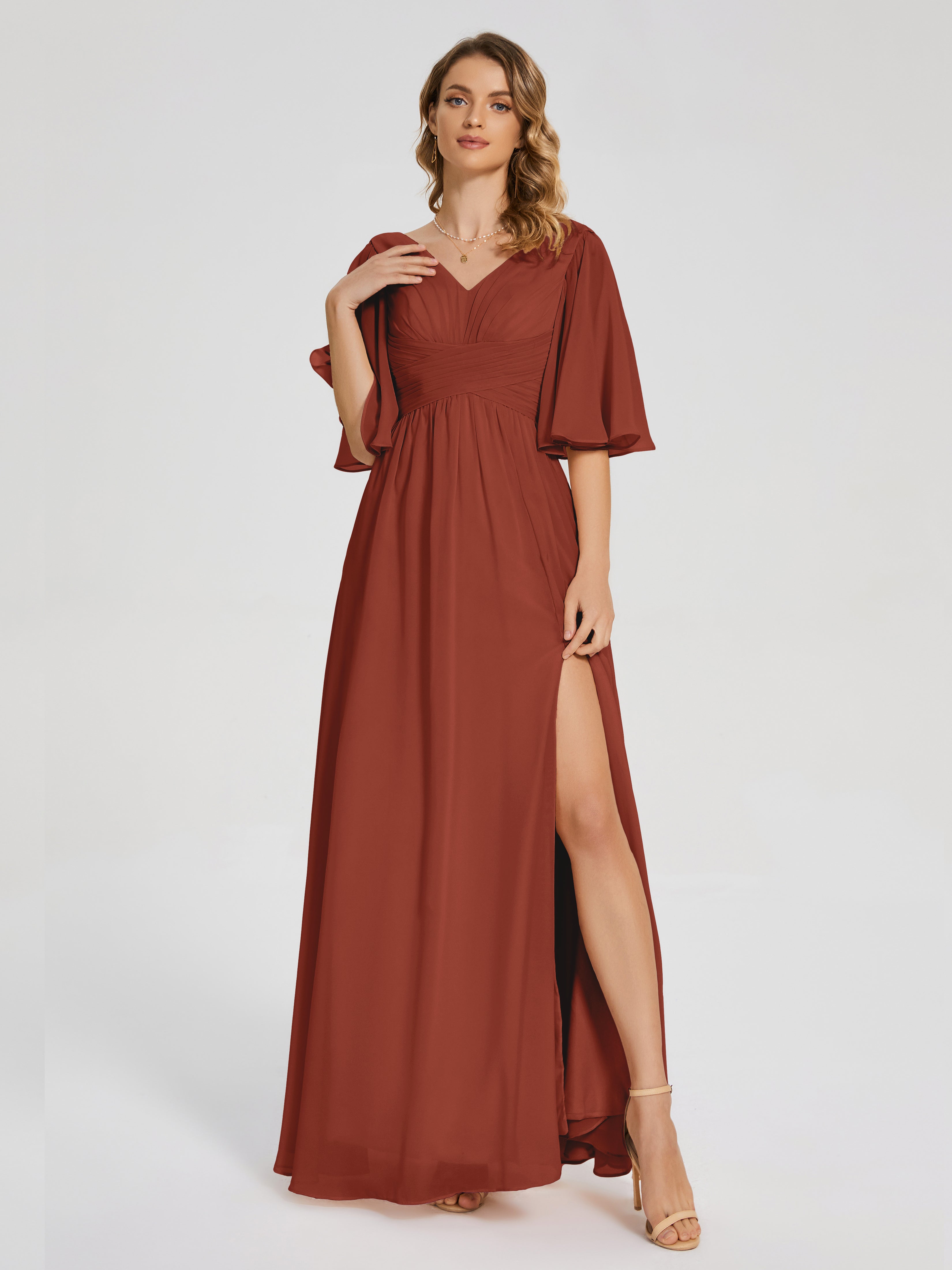 Robe Demoiselle D Honneur Rouille Demi Manches Fendue Mousseline Robes Demoiselle D'Honneur