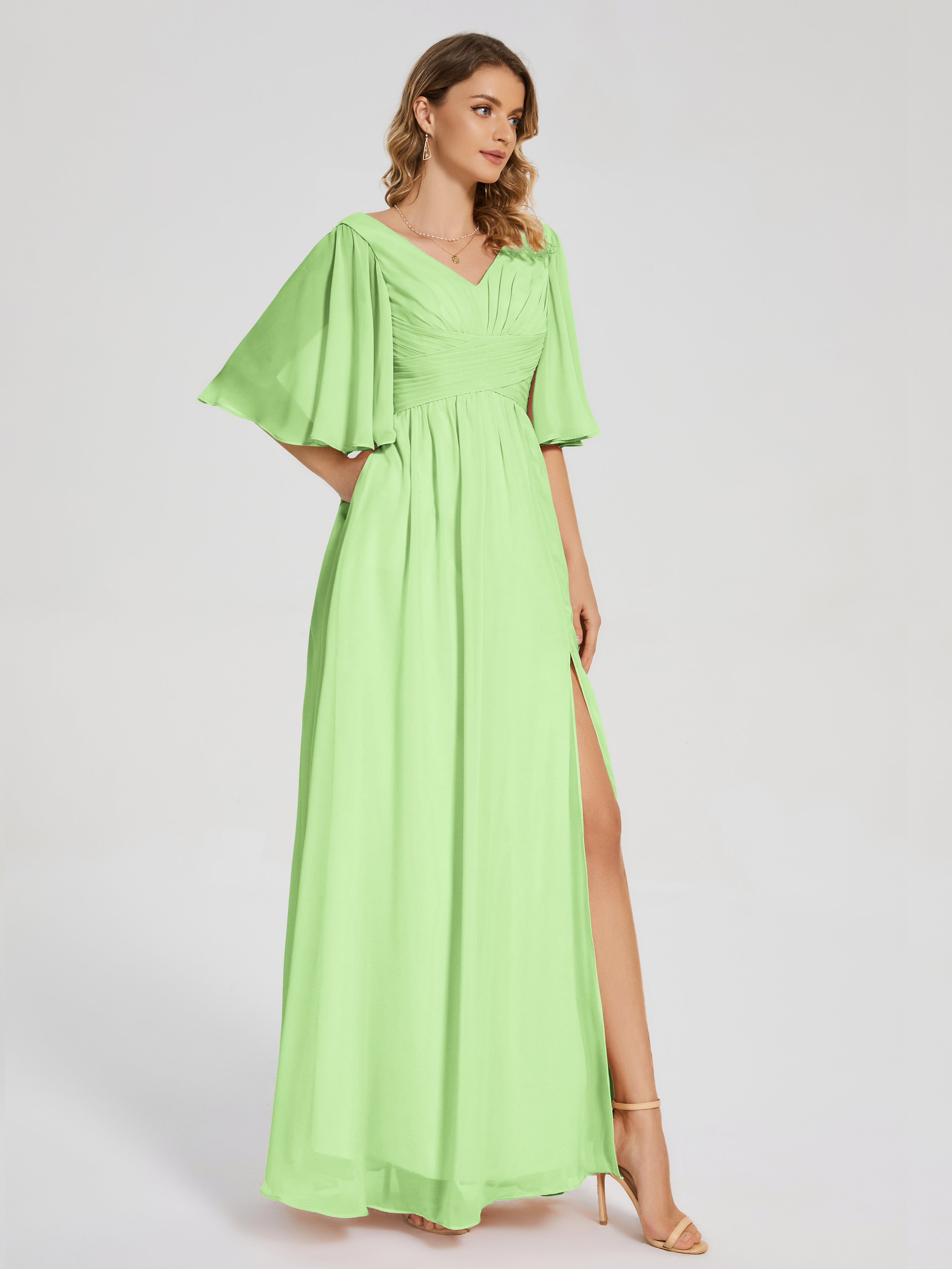 Robe Demoiselle Dhonneur Vert Sauge Demi Manches Fendue Mousseline Robes Demoiselle D'Honneur