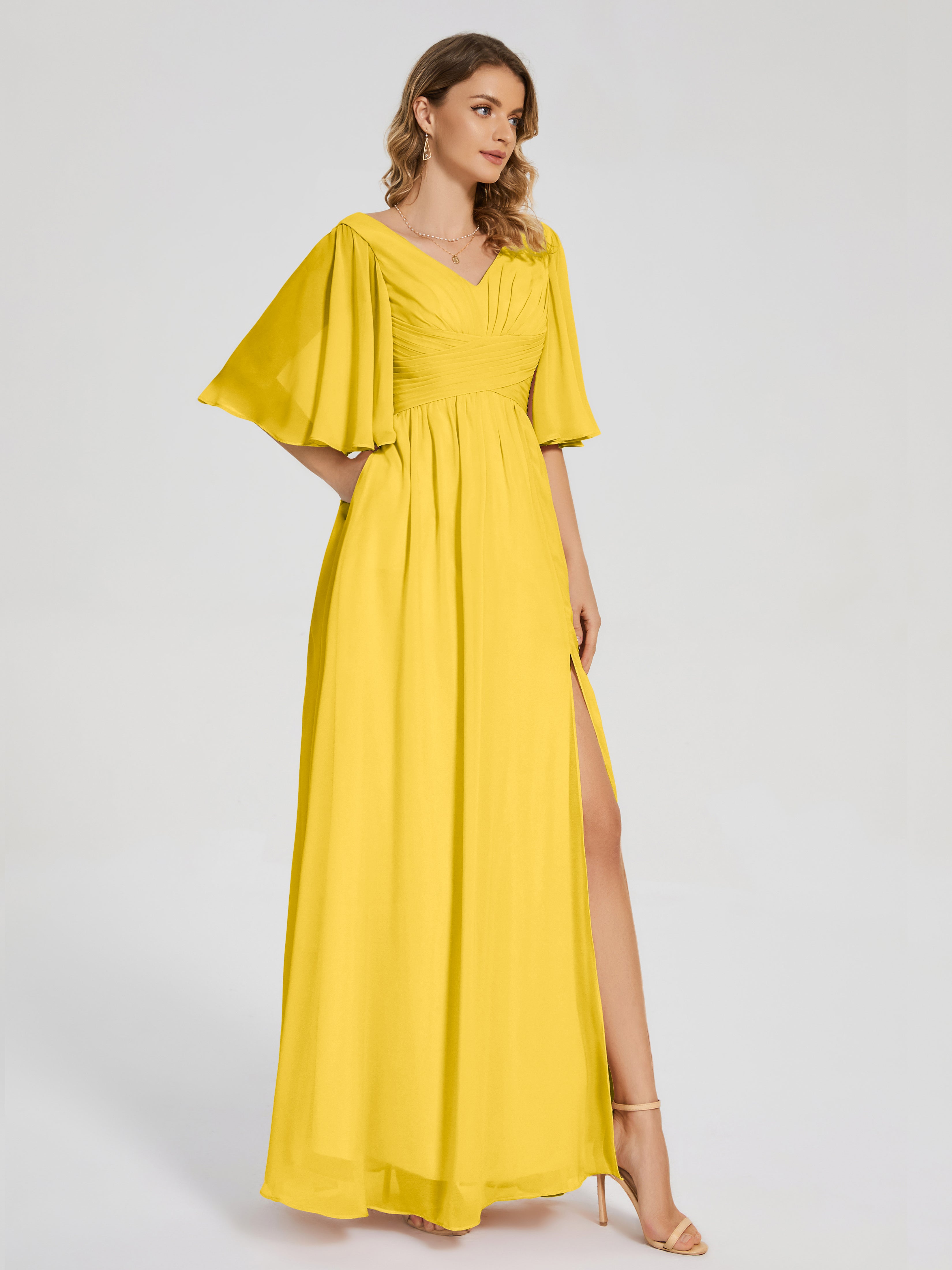 Robe De Demoiselle D'Honneur Souci Demi Manches Fendue Mousseline Robes Demoiselle D'Honneur