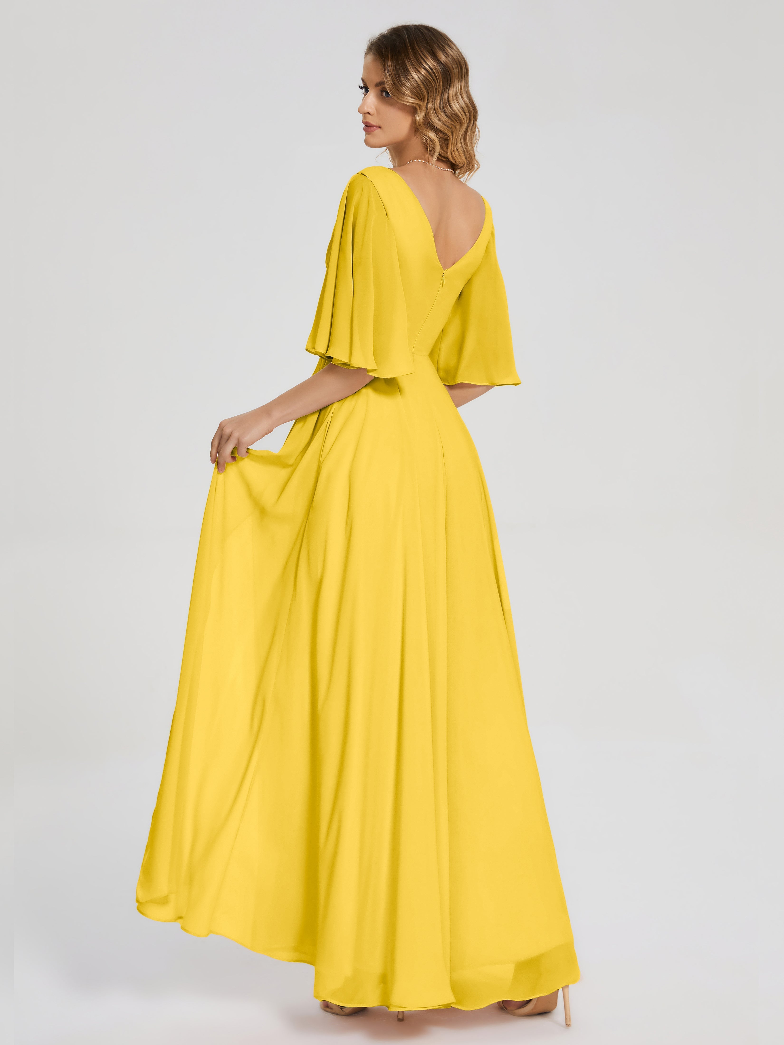 Robe De Demoiselle D'Honneur Souci Demi Manches Fendue Mousseline Robes Demoiselle D'Honneur