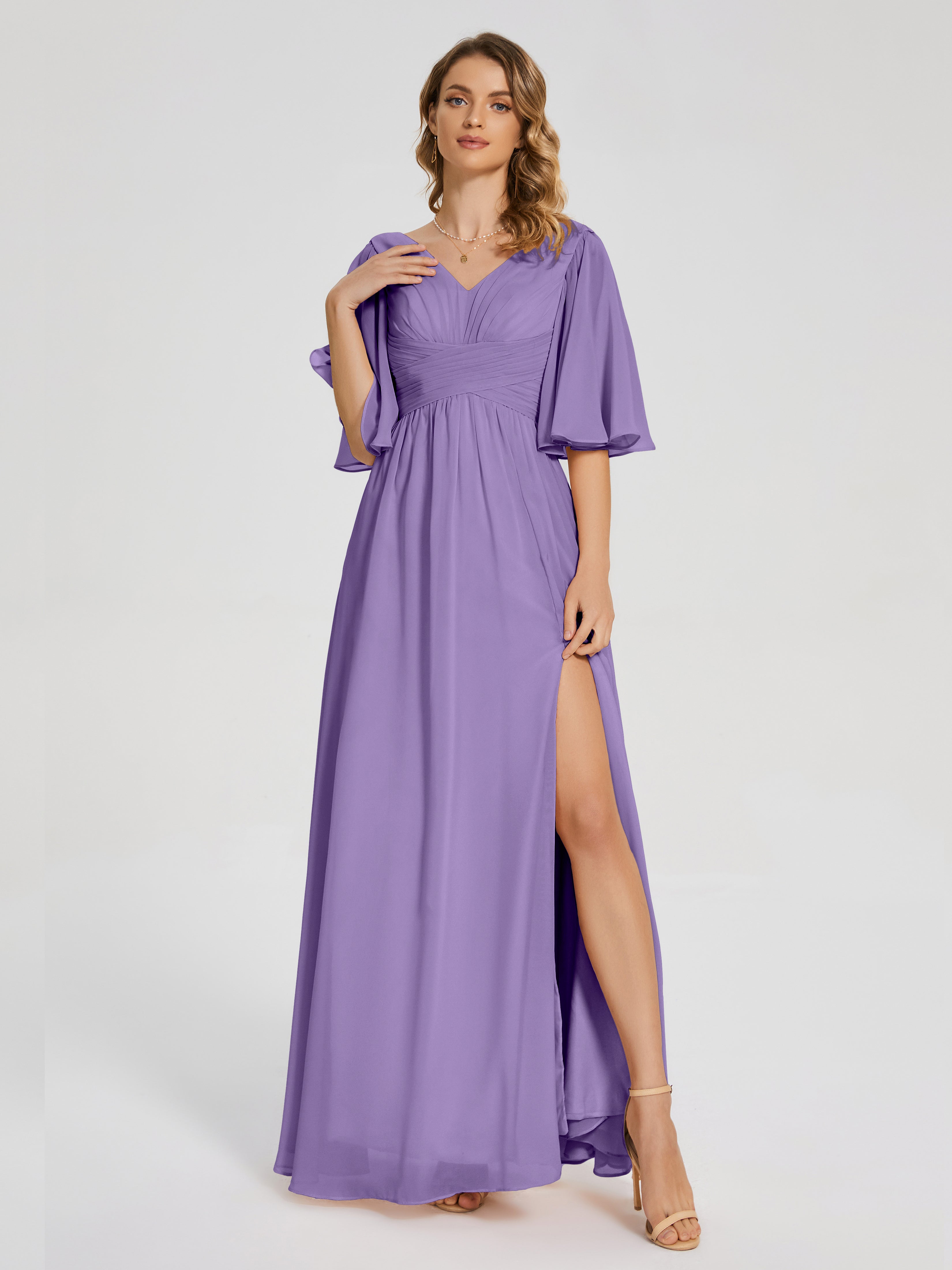 Robes De Demoiselle D'Honneur Tahiti Demi Manches Fendue Mousseline Robes Demoiselle D'Honneur