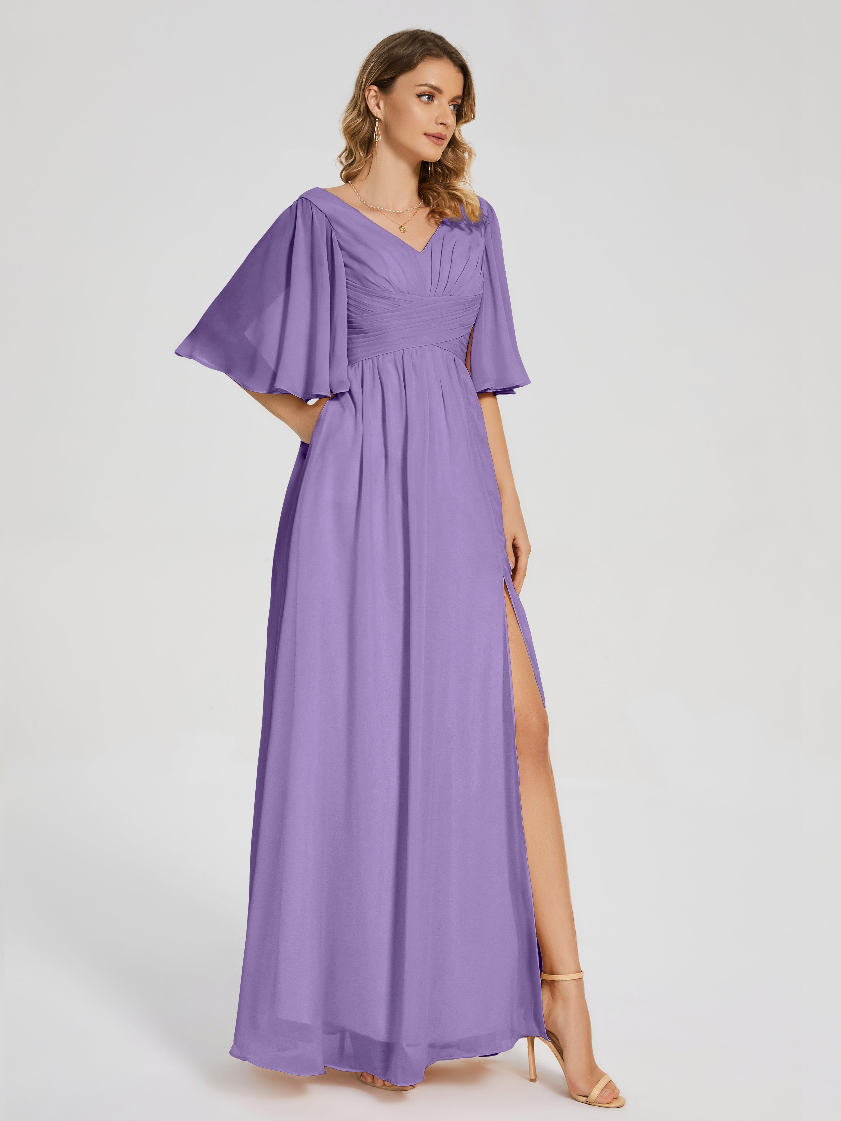 Robes De Demoiselle D'Honneur Tahiti Demi Manches Fendue Mousseline Robes Demoiselle D'Honneur