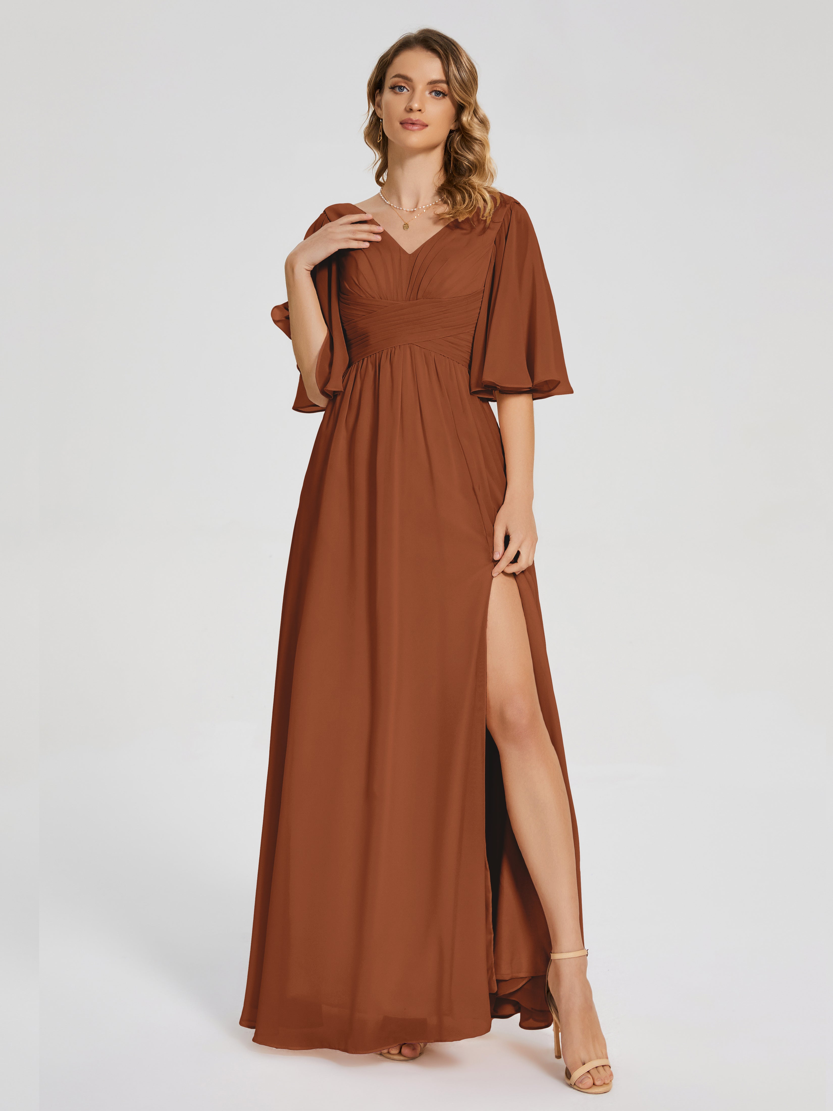 Robe Demoiselle D Honneur Terre Cuite Demi Manches Fendue Mousseline Robes Demoiselle D'Honneur