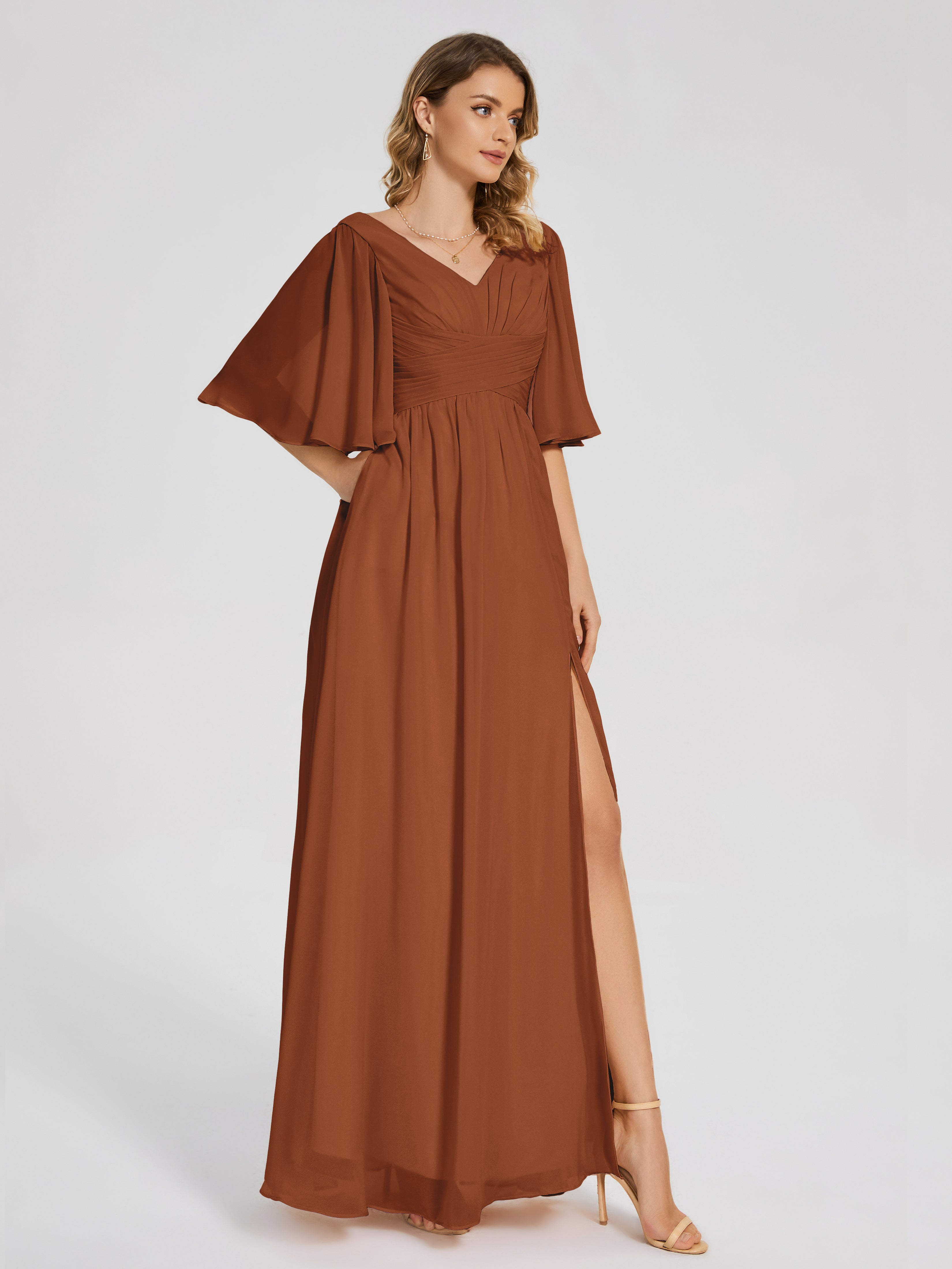 Robe Demoiselle D Honneur Terre Cuite Demi Manches Fendue Mousseline Robes Demoiselle D'Honneur