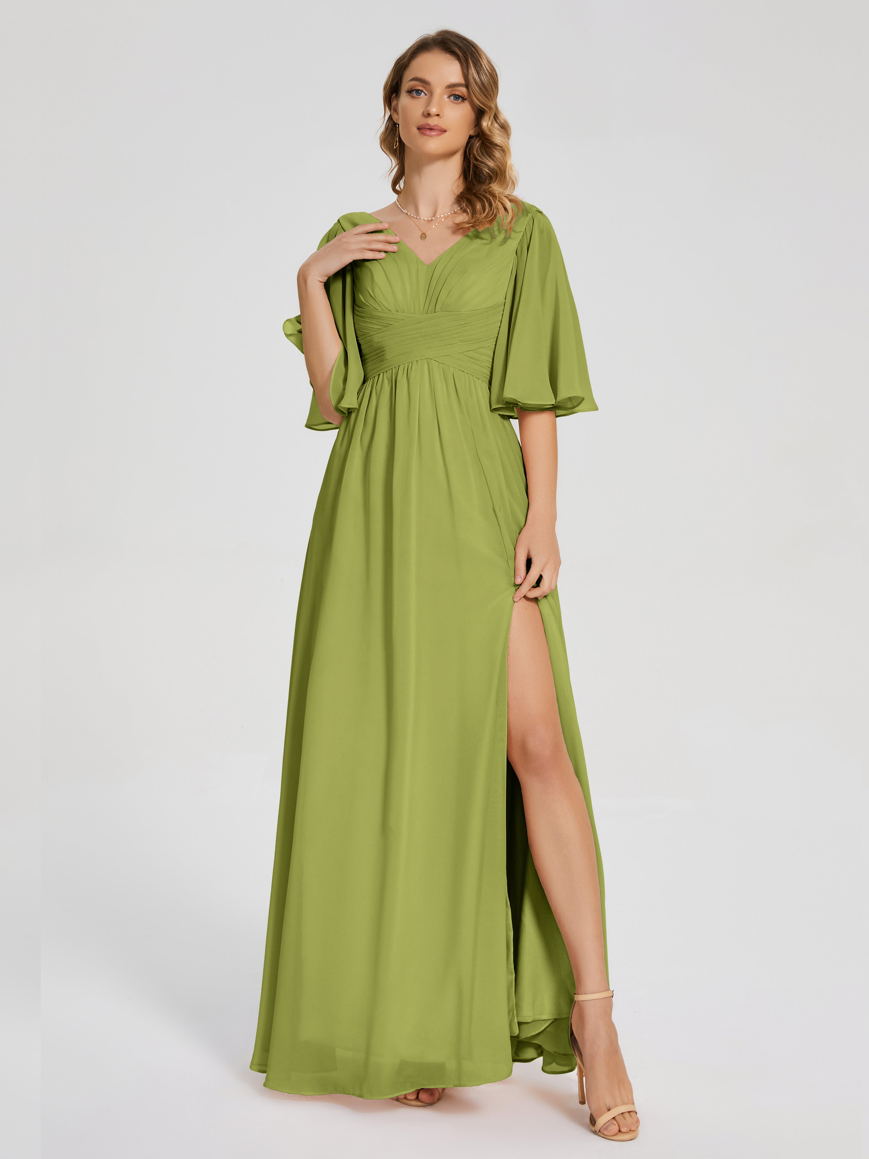 Robes De Demoiselle D'Honneur Trèfle Demi Manches Fendue Mousseline Robes Demoiselle D'Honneur