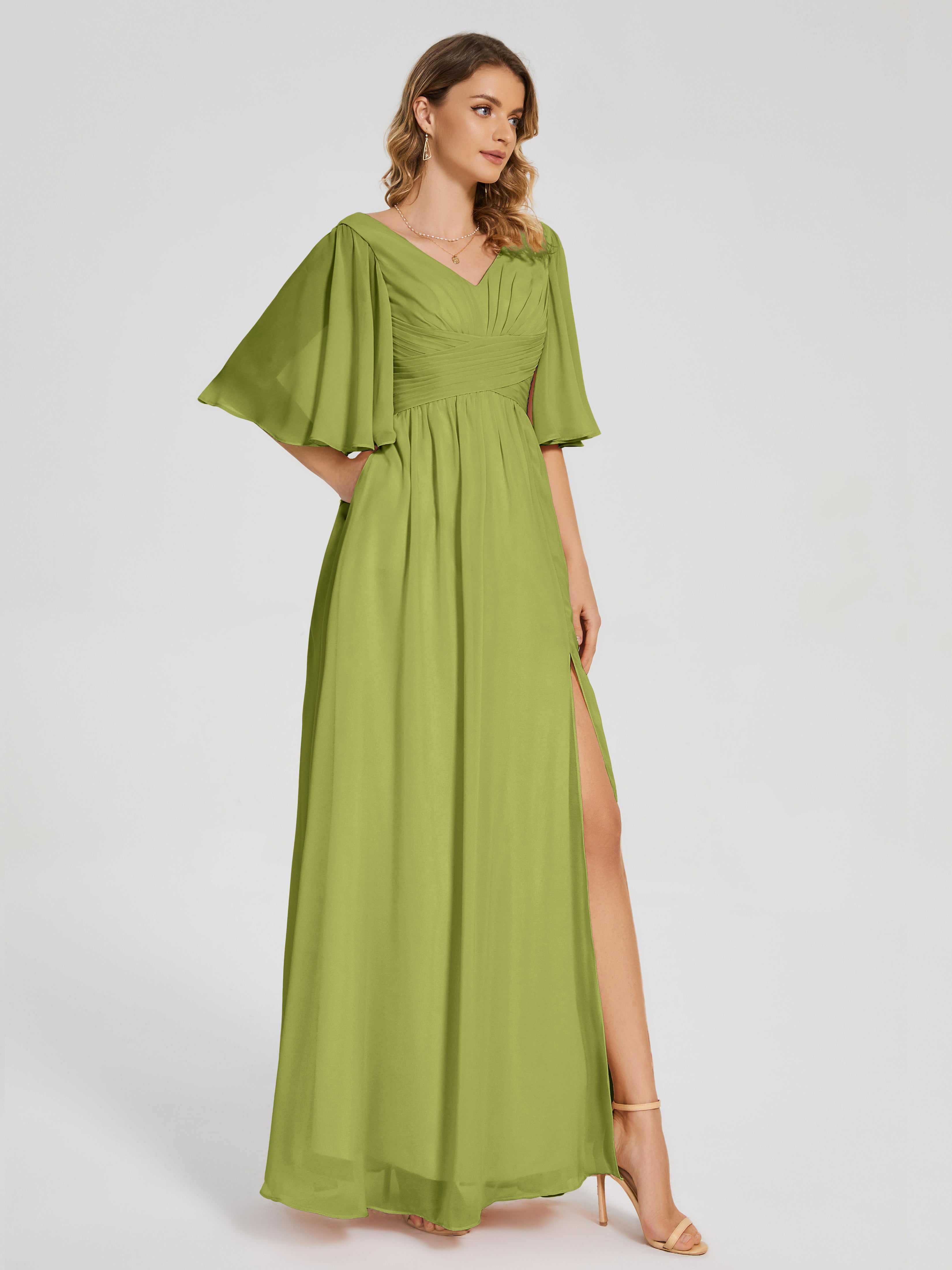 Robes De Demoiselle D'Honneur Trèfle Demi Manches Fendue Mousseline Robes Demoiselle D'Honneur