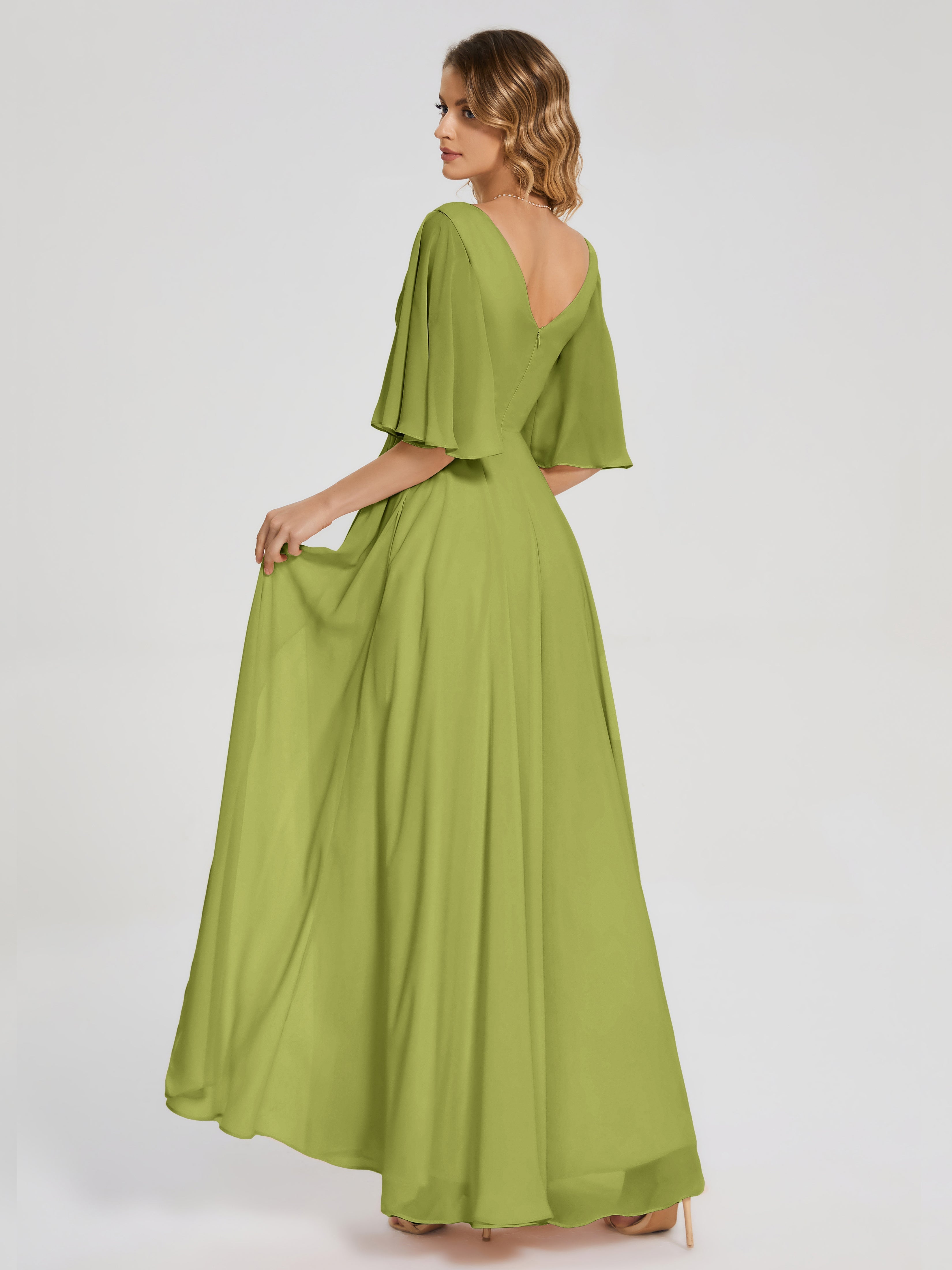 Robes De Demoiselle D'Honneur Trèfle Demi Manches Fendue Mousseline Robes Demoiselle D'Honneur