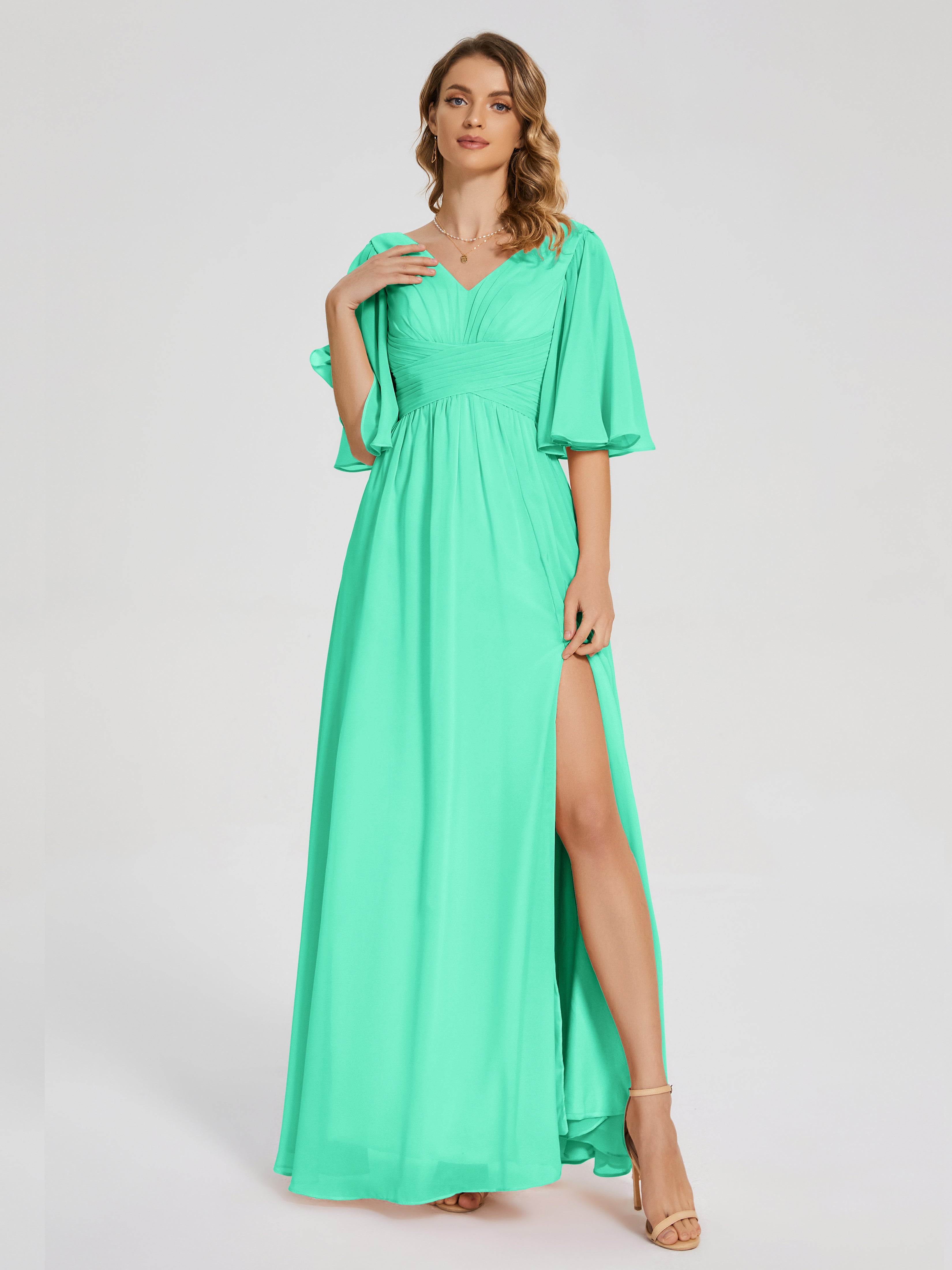 Robe Demoiselle D Honneur Turquoise Demi Manches Fendue Mousseline Robes Demoiselle D'Honneur