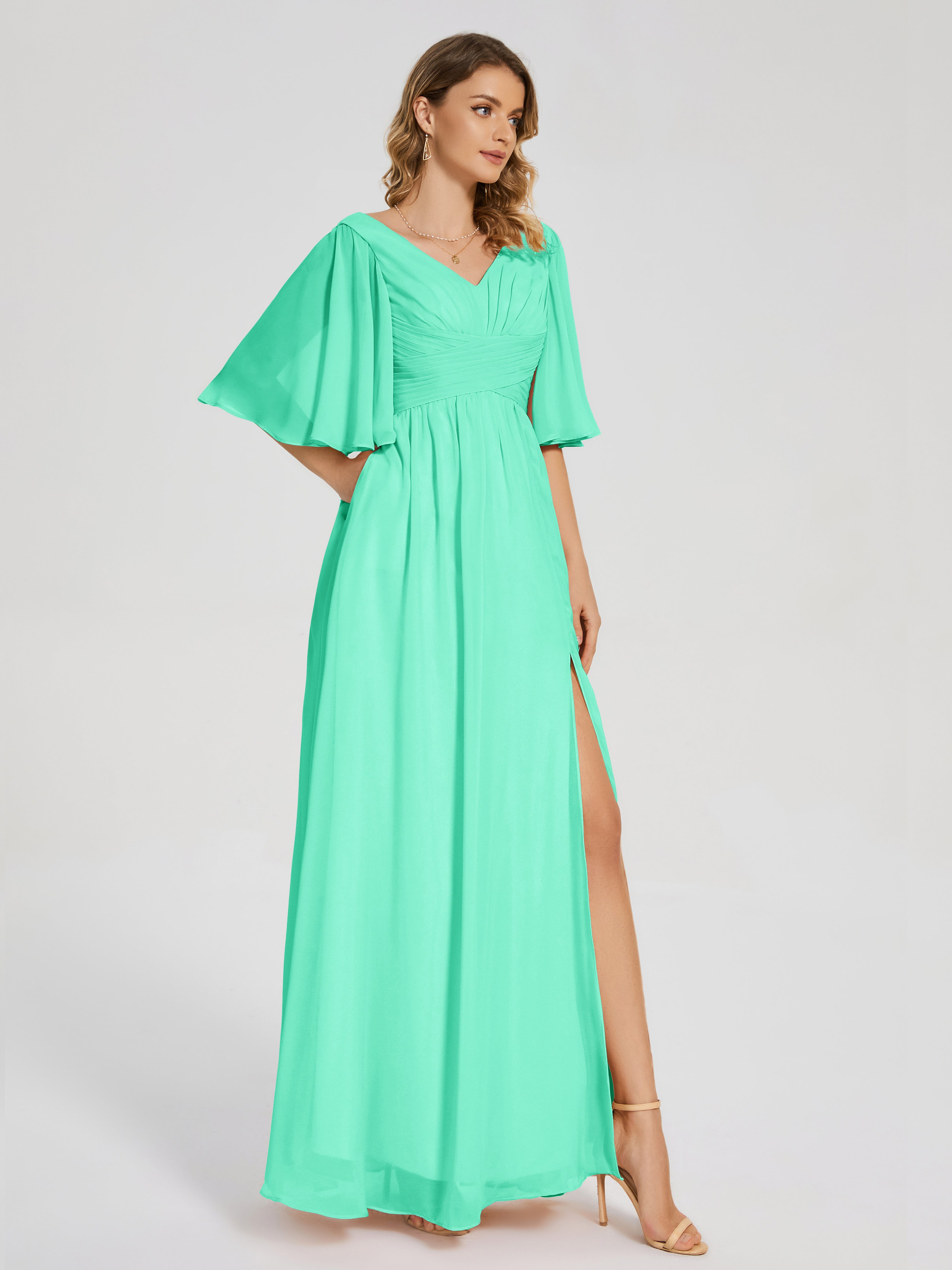 Robe Demoiselle D Honneur Turquoise Demi Manches Fendue Mousseline Robes Demoiselle D'Honneur