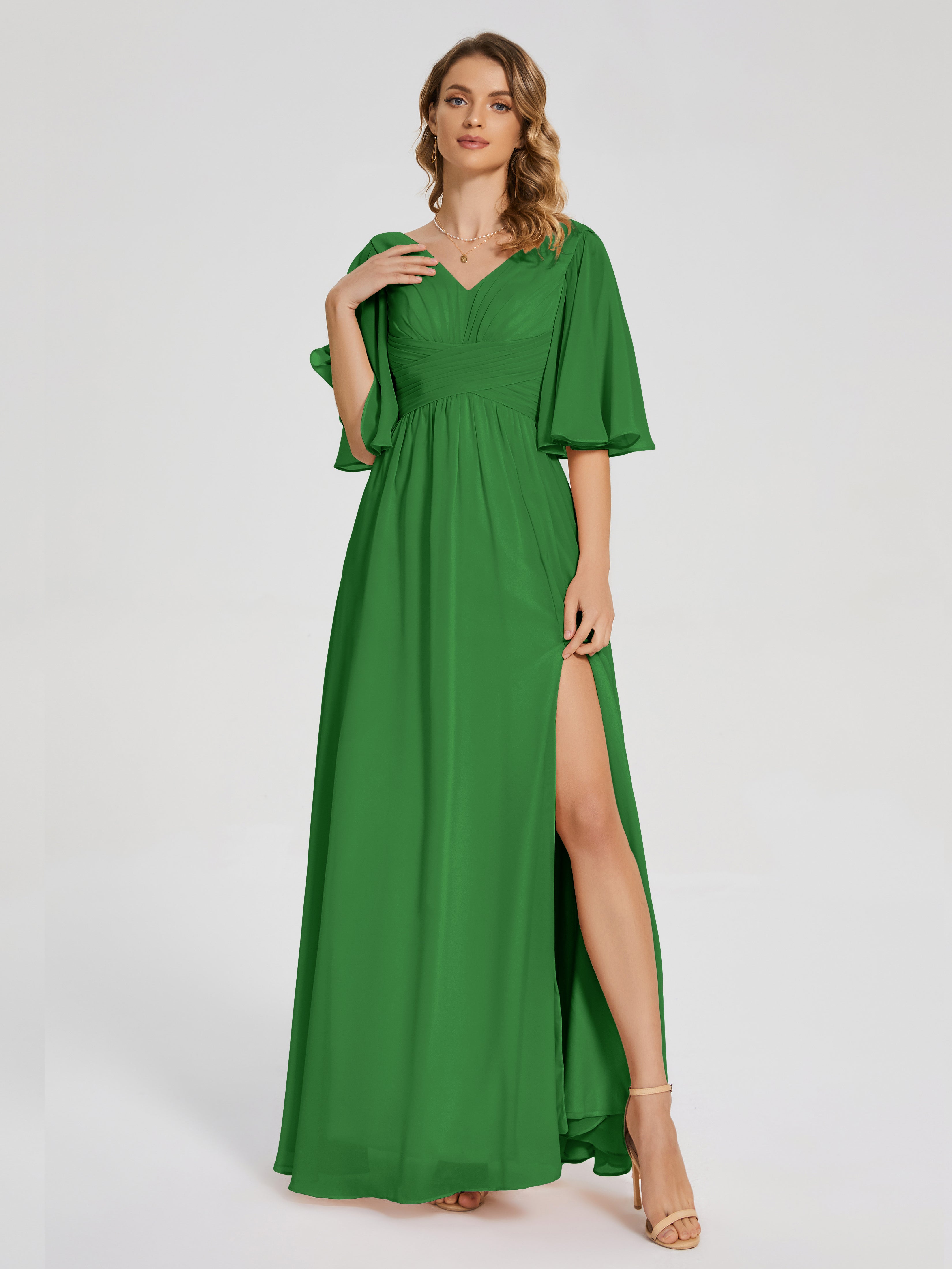 Robe De Demoiselle D Honneur Verte Demi Manches Fendue Mousseline Robes Demoiselle D'Honneur