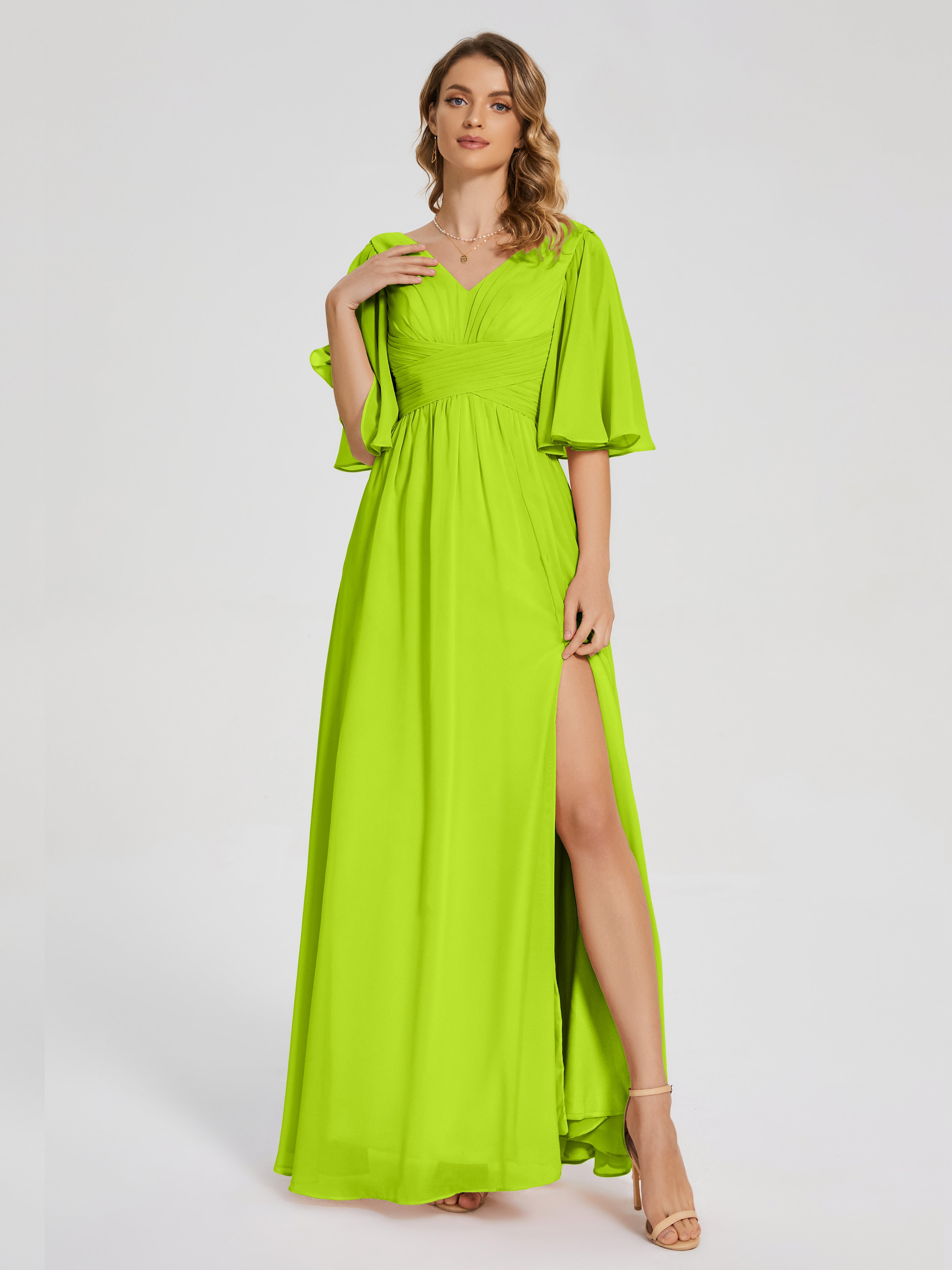 Robes De Demoiselle D'Honneur Vert Citron Demi Manches Fendue Mousseline Robes Demoiselle D'Honneur