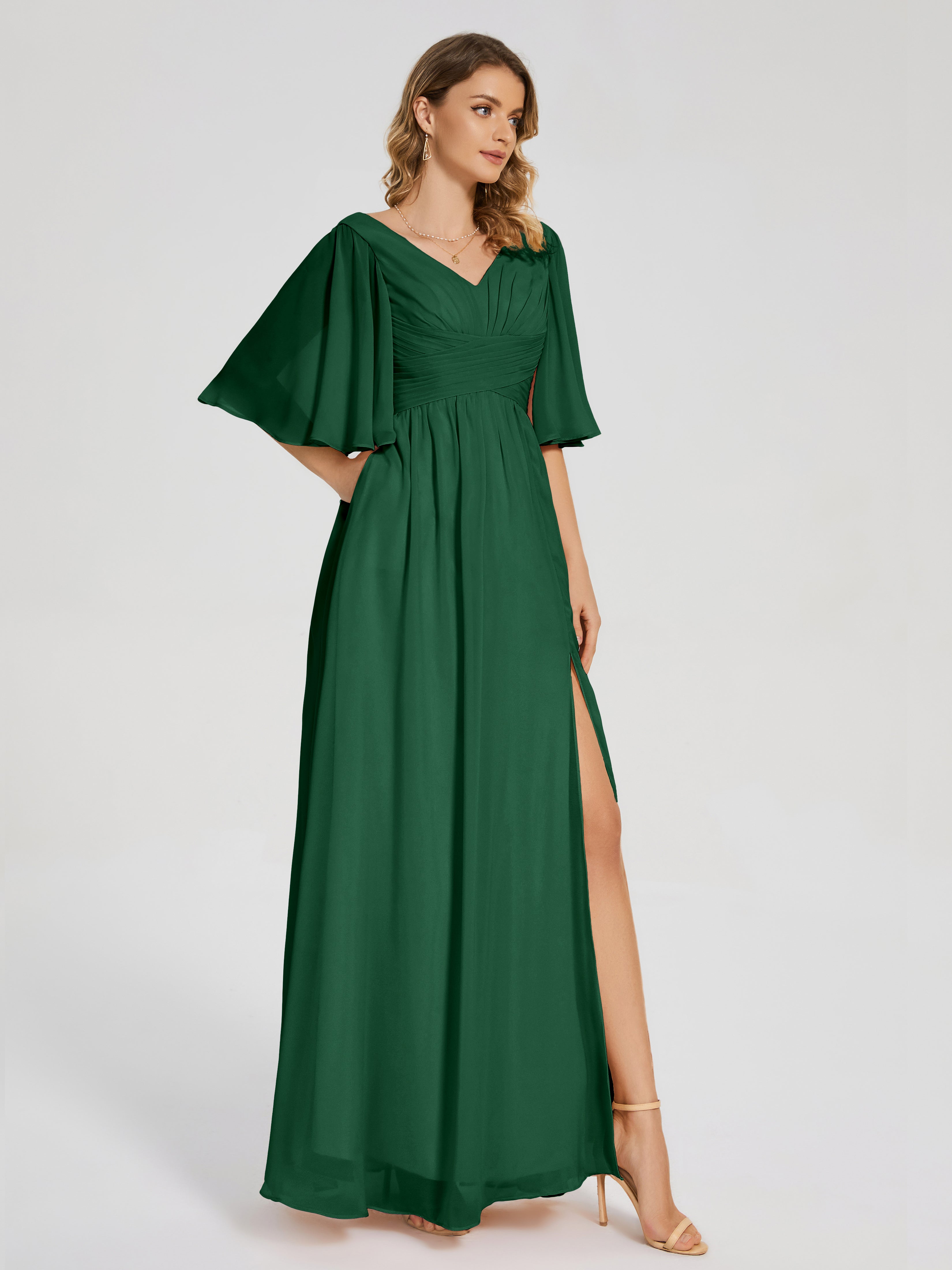 Robe Demoiselle D Honneur Vert Foncé Demi Manches Fendue Mousseline Robes Demoiselle D'Honneur