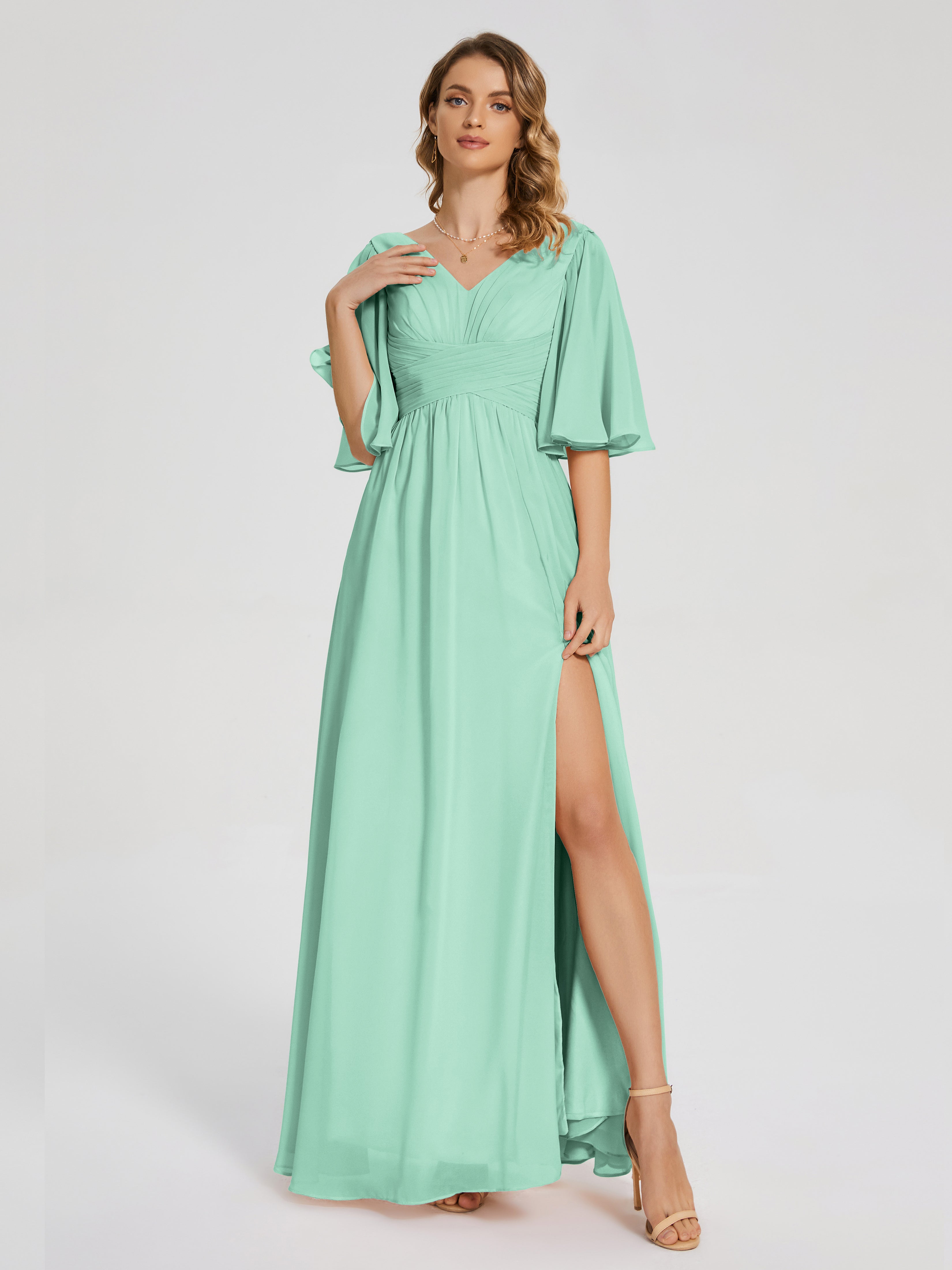 Robe Demoiselle D Honneur Menthe Demi Manches Fendue Mousseline Robes Demoiselle D'Honneur
