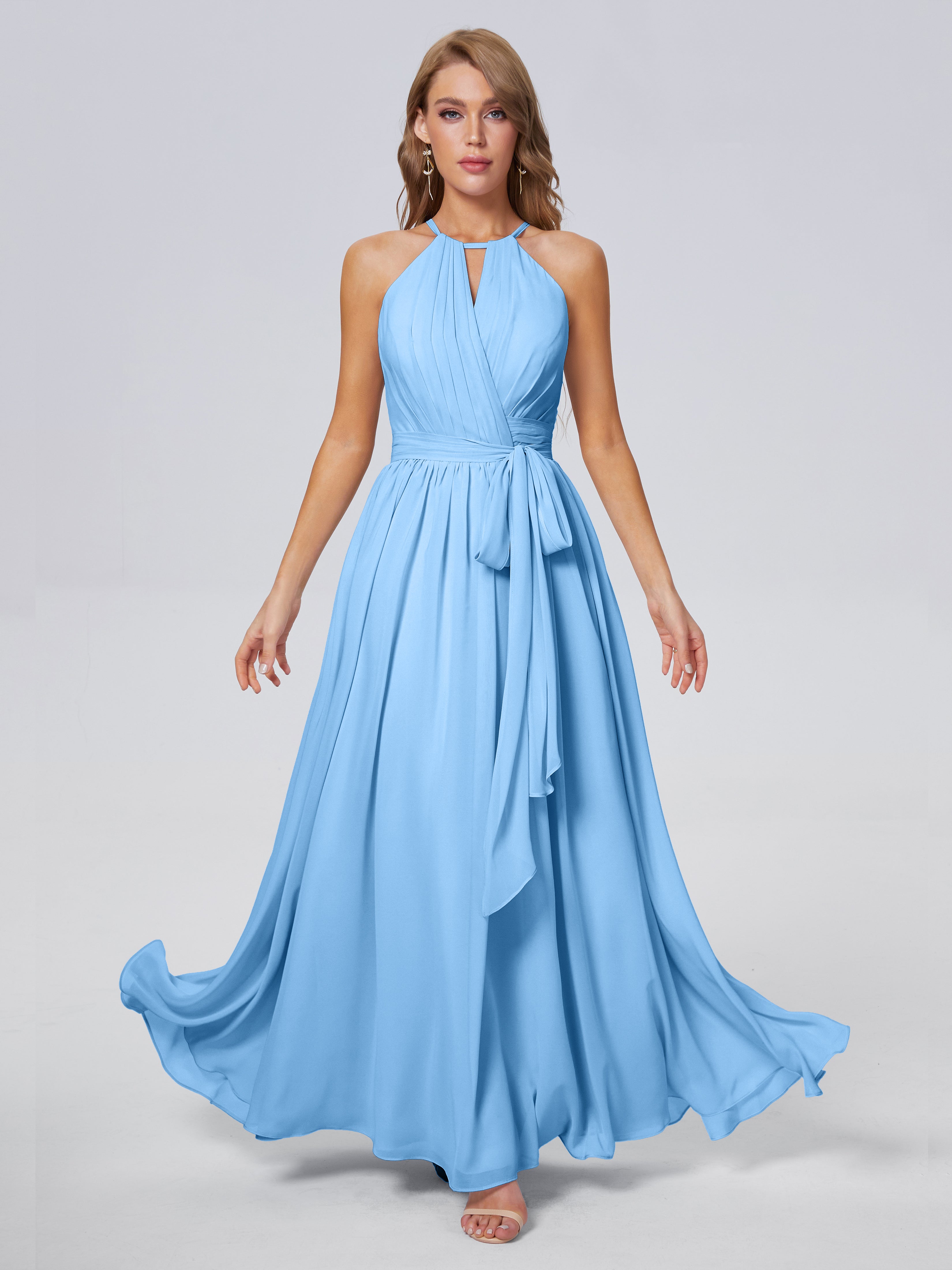 Robe Demoiselle Dhonneur Bleu Brillante Licou Mousseline Robes Demoiselle D'Honneur