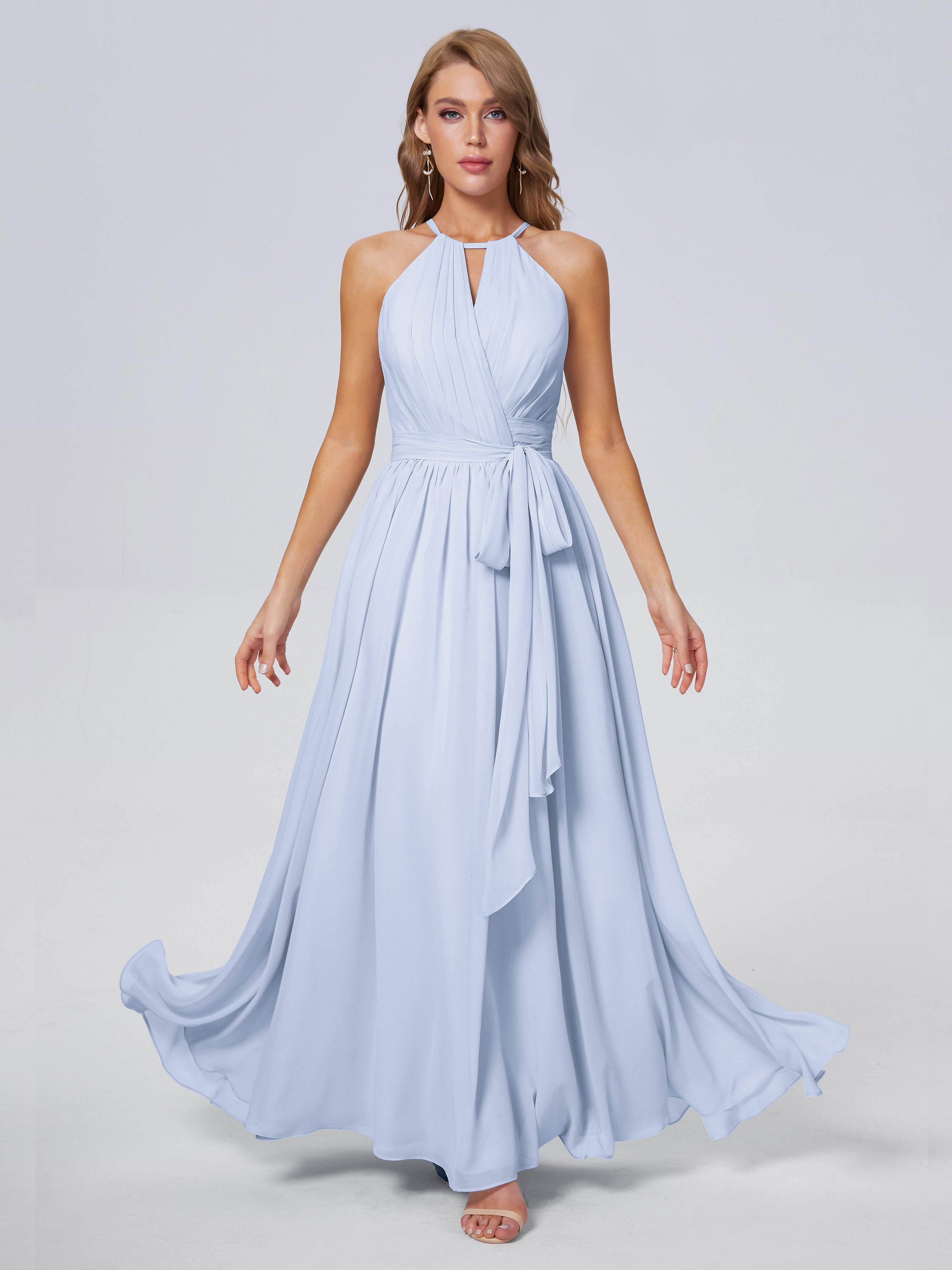 Robe Bleu Ciel Demoiselle D Honneur Brillante Licou Mousseline Robes Demoiselle D'Honneur