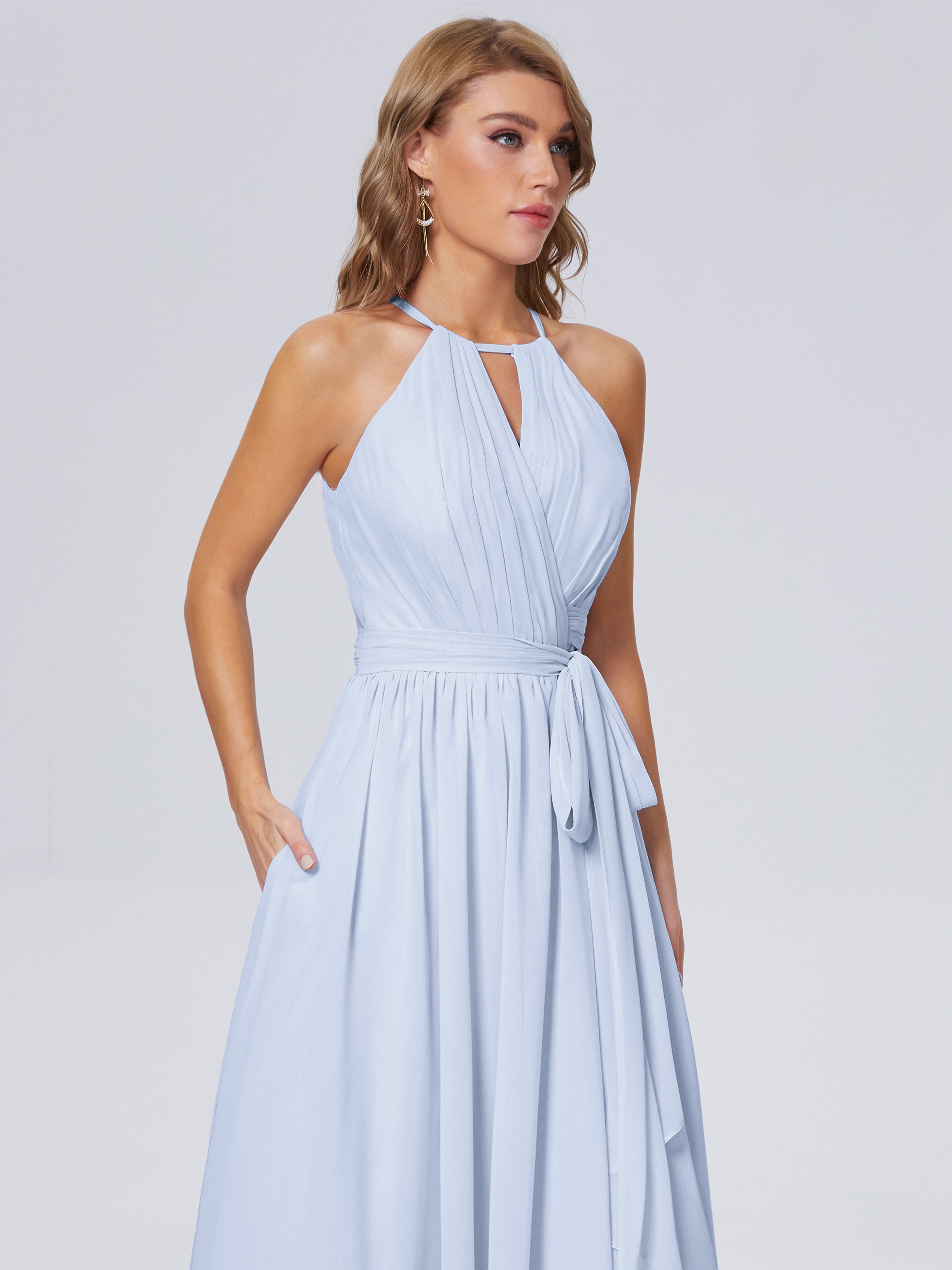 Robe Bleu Ciel Demoiselle D Honneur Brillante Licou Mousseline Robes Demoiselle D'Honneur