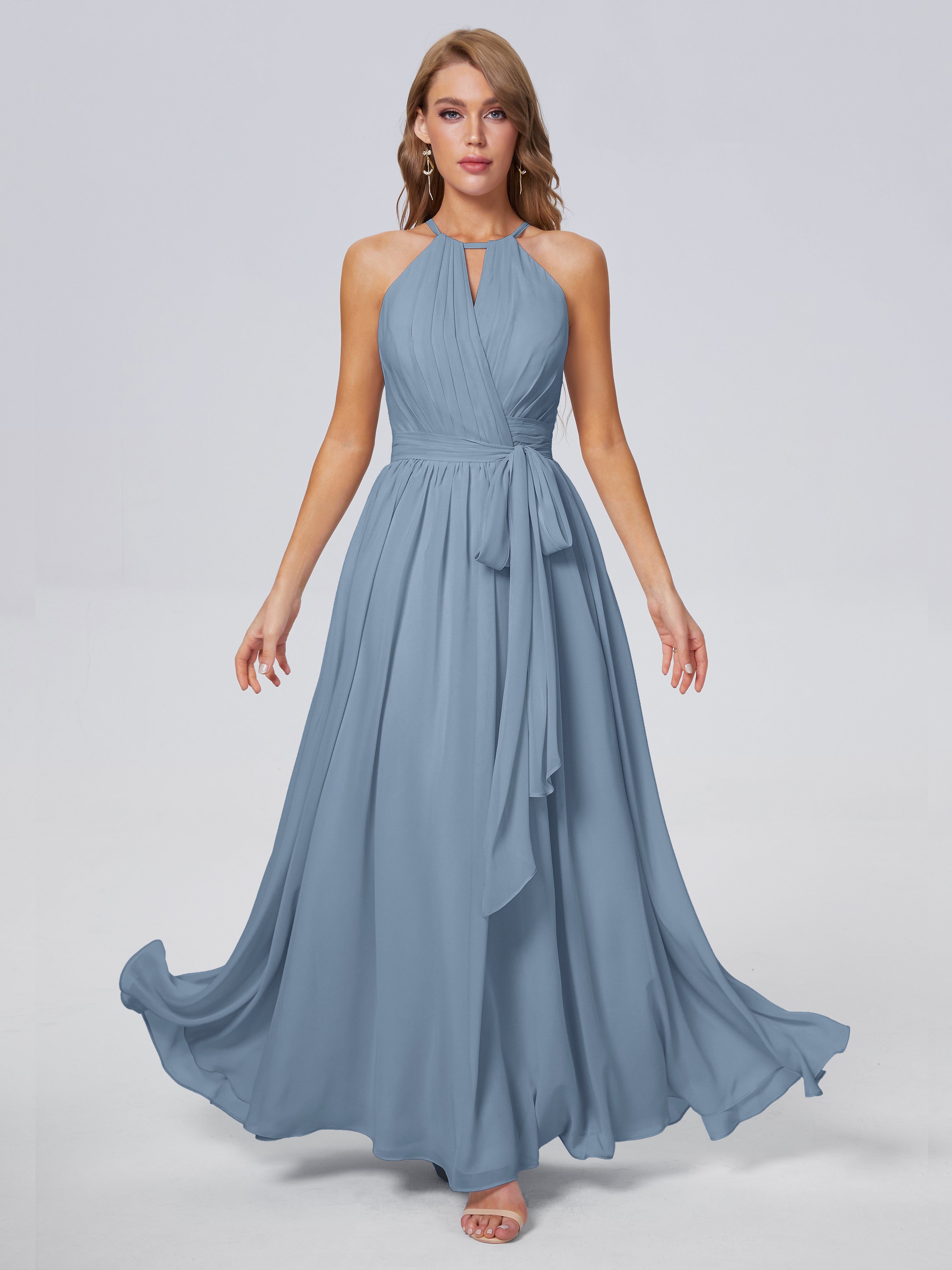 Robes De Demoiselle D'Honneur Bleu De Schiste Brillante Licou Mousseline Robes Demoiselle D'Honneur