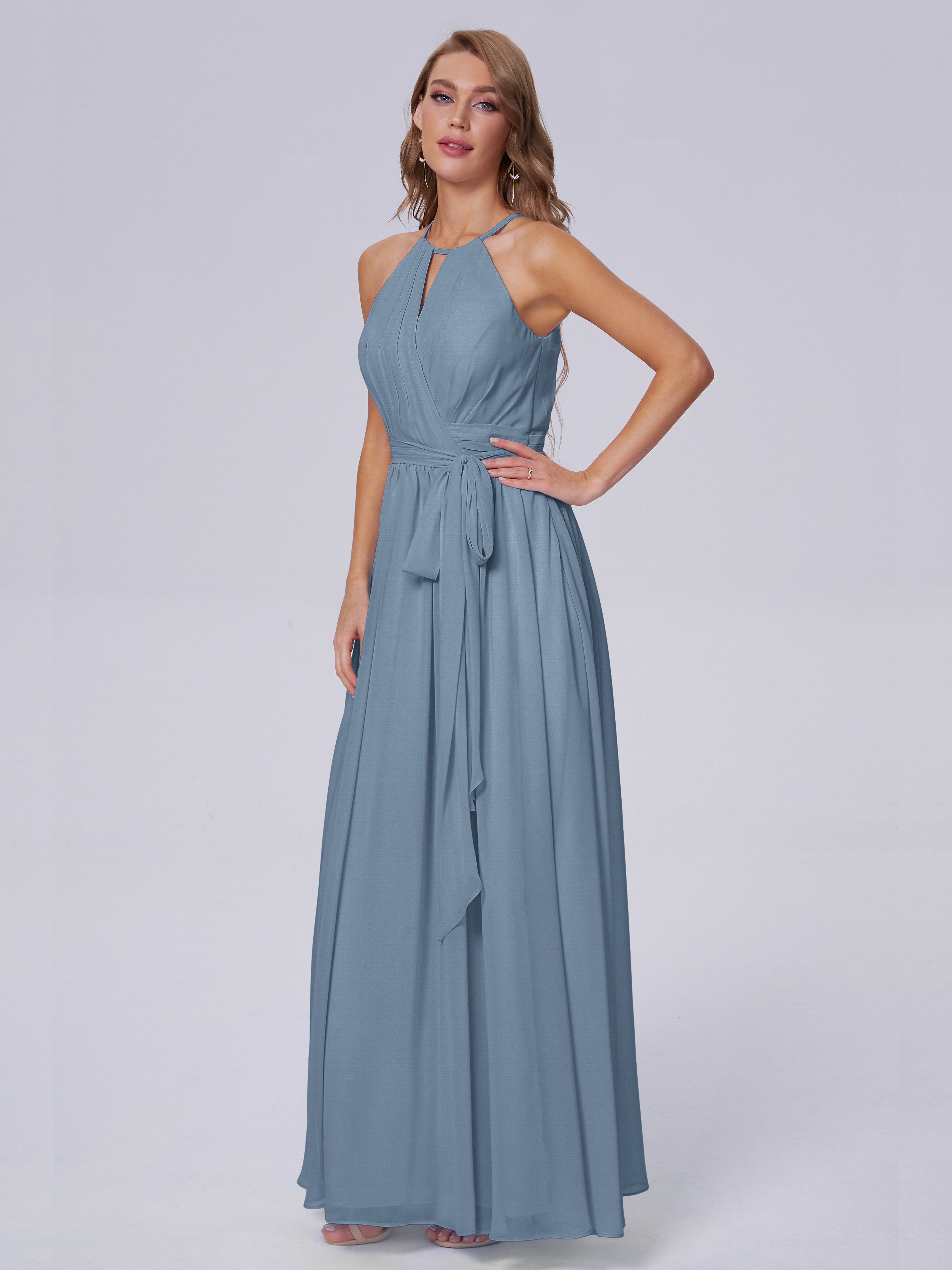 Robes De Demoiselle D'Honneur Bleu De Schiste Brillante Licou Mousseline Robes Demoiselle D'Honneur