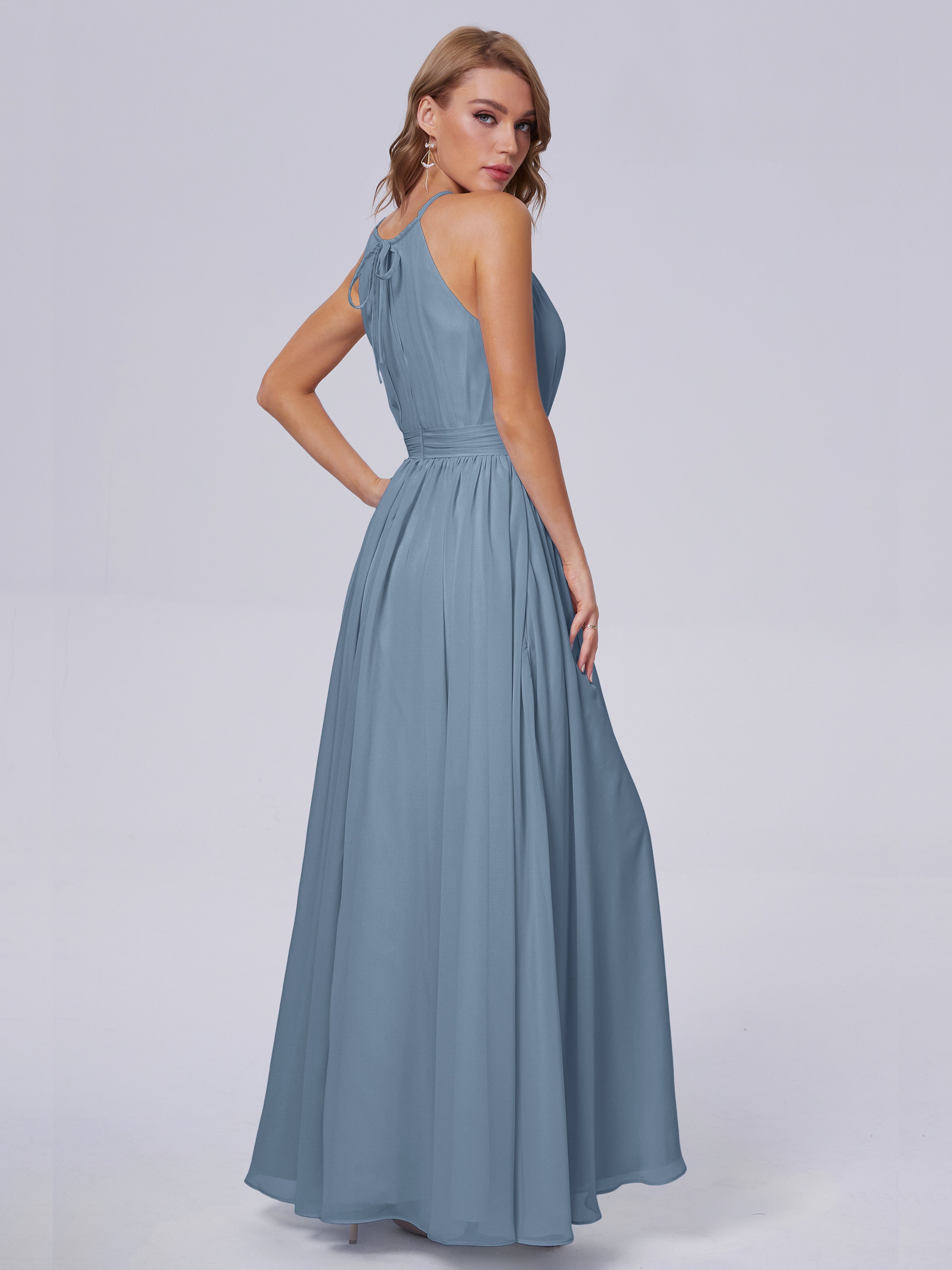 Robes De Demoiselle D'Honneur Bleu De Schiste Brillante Licou Mousseline Robes Demoiselle D'Honneur