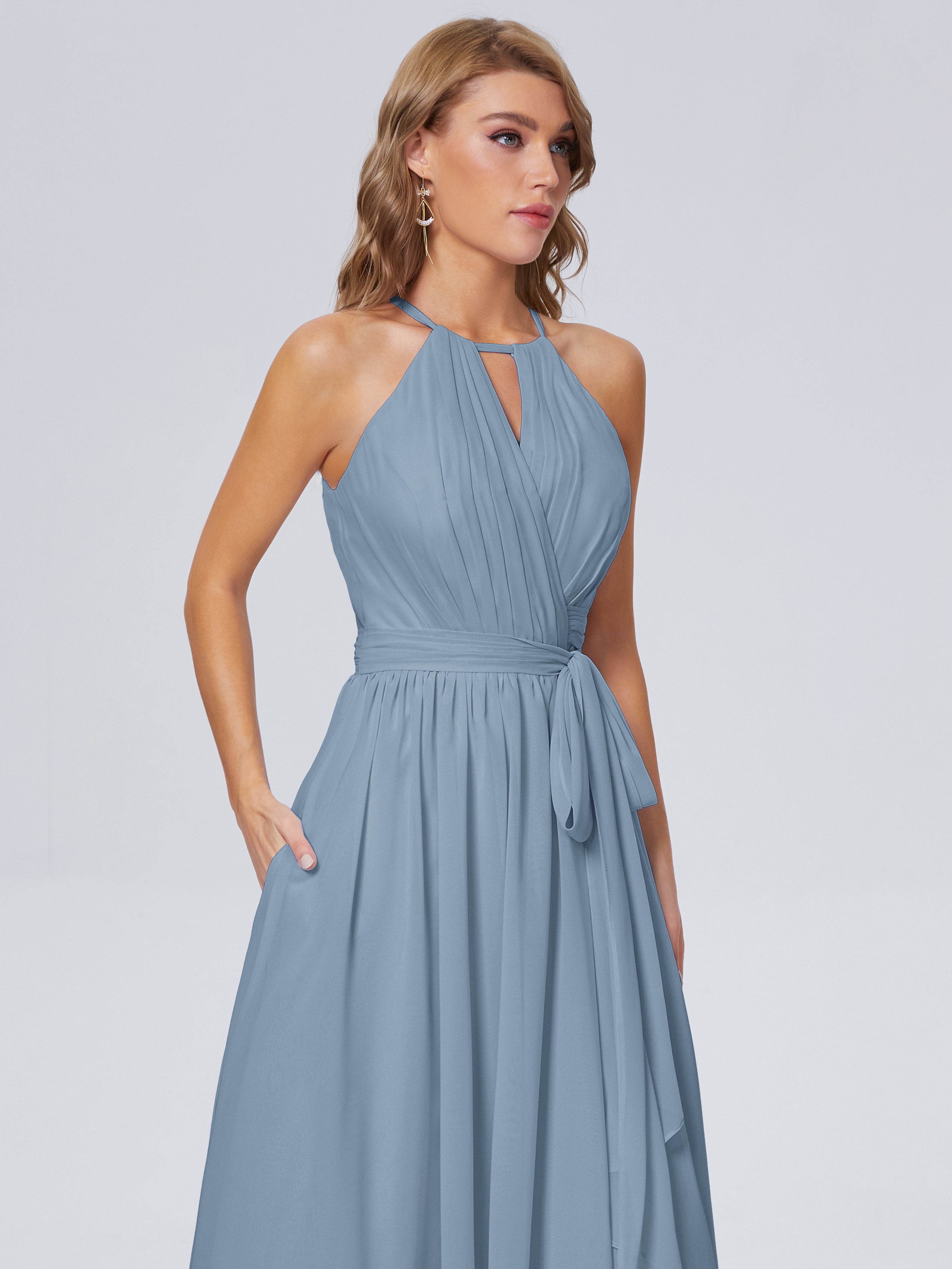 Robes De Demoiselle D'Honneur Bleu De Schiste Brillante Licou Mousseline Robes Demoiselle D'Honneur