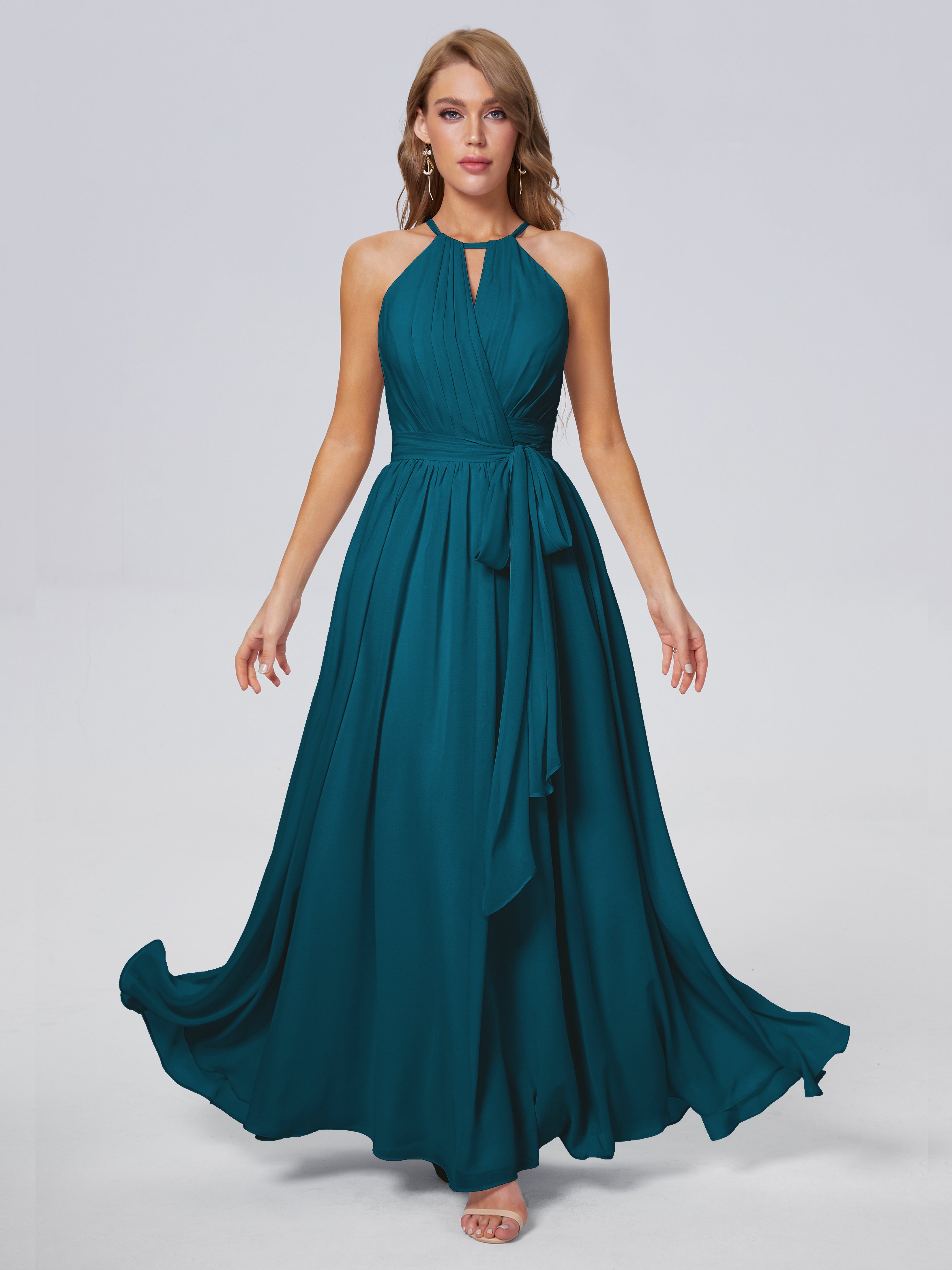 Robes De Demoiselle D'Honneur Bleu Encre Brillante Licou Mousseline Robes Demoiselle D'Honneur