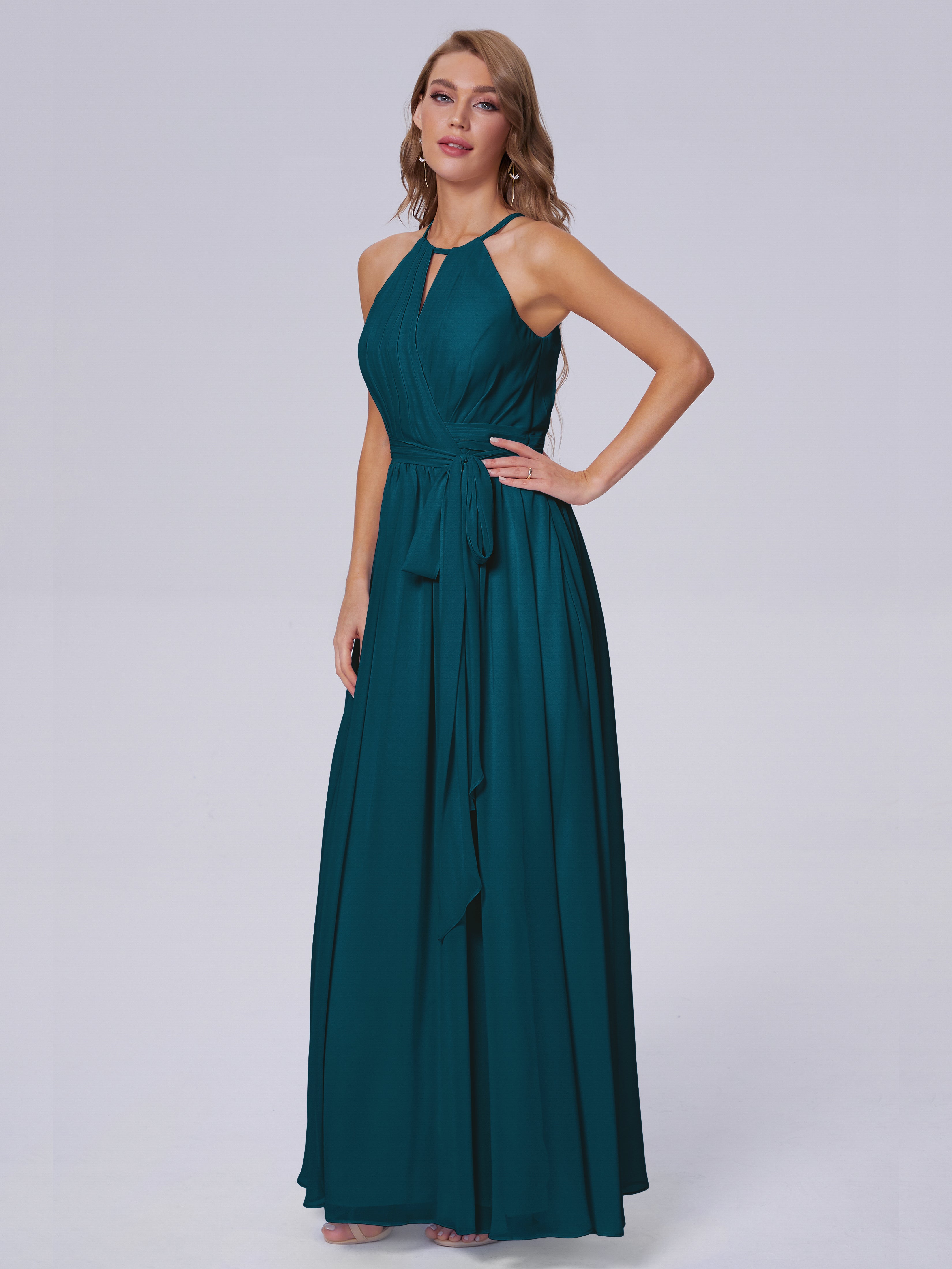 Robes De Demoiselle D'Honneur Bleu Encre Brillante Licou Mousseline Robes Demoiselle D'Honneur