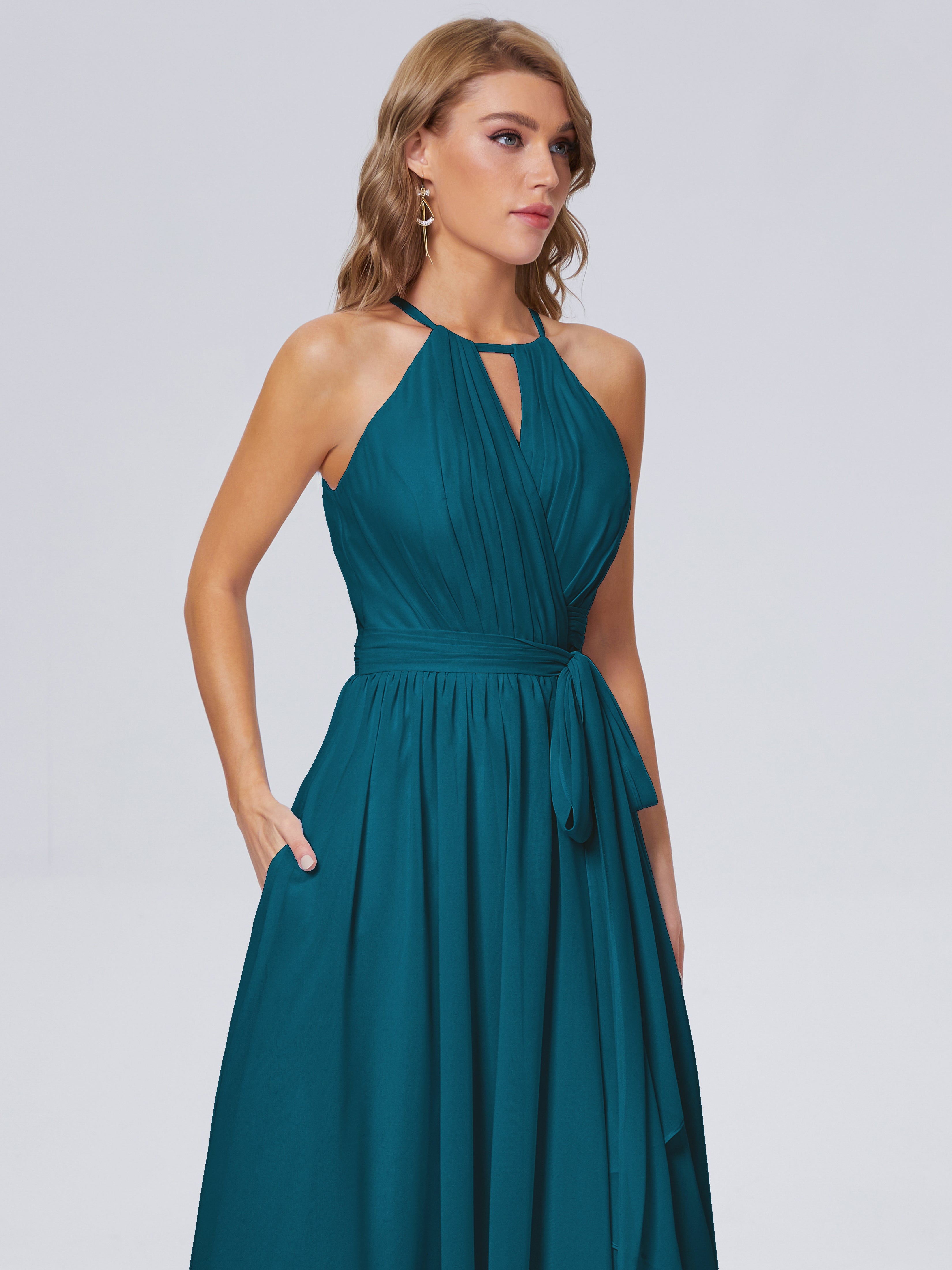 Robes De Demoiselle D'Honneur Bleu Encre Brillante Licou Mousseline Robes Demoiselle D'Honneur