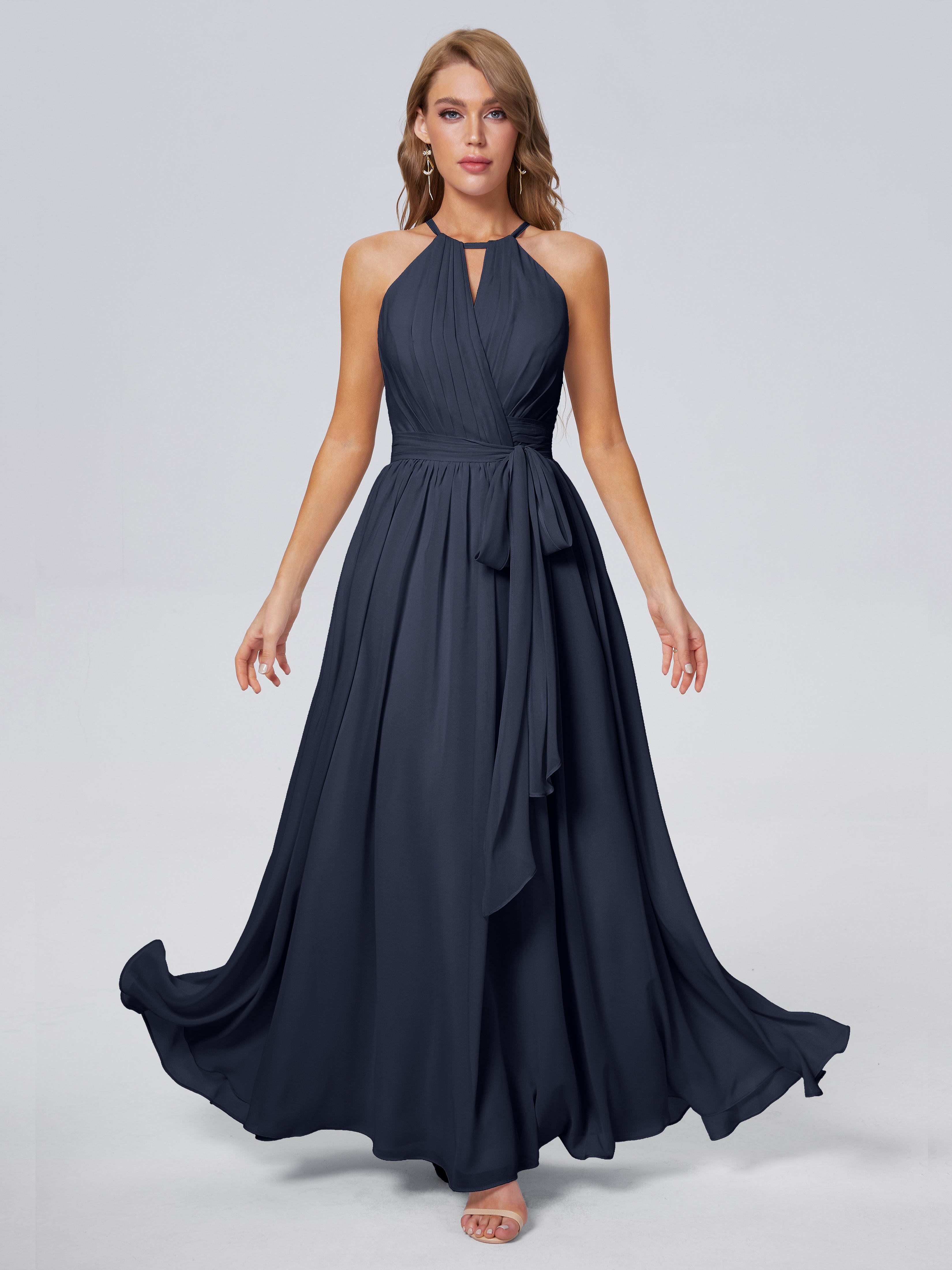 Demoiselle D'Honneur Bleu Marine Brillante Licou Mousseline Robes Demoiselle D'Honneur