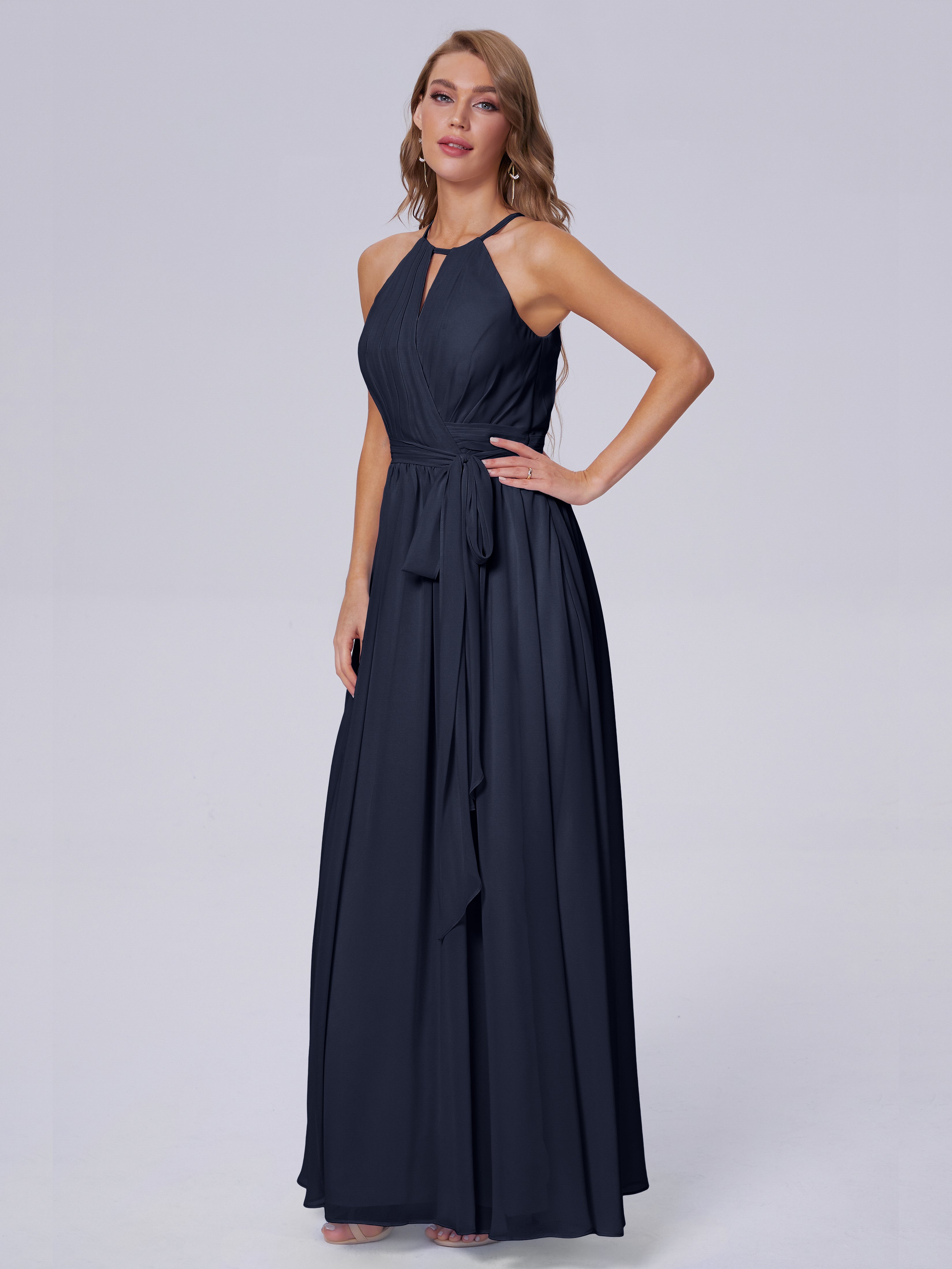 Demoiselle D'Honneur Bleu Marine Brillante Licou Mousseline Robes Demoiselle D'Honneur