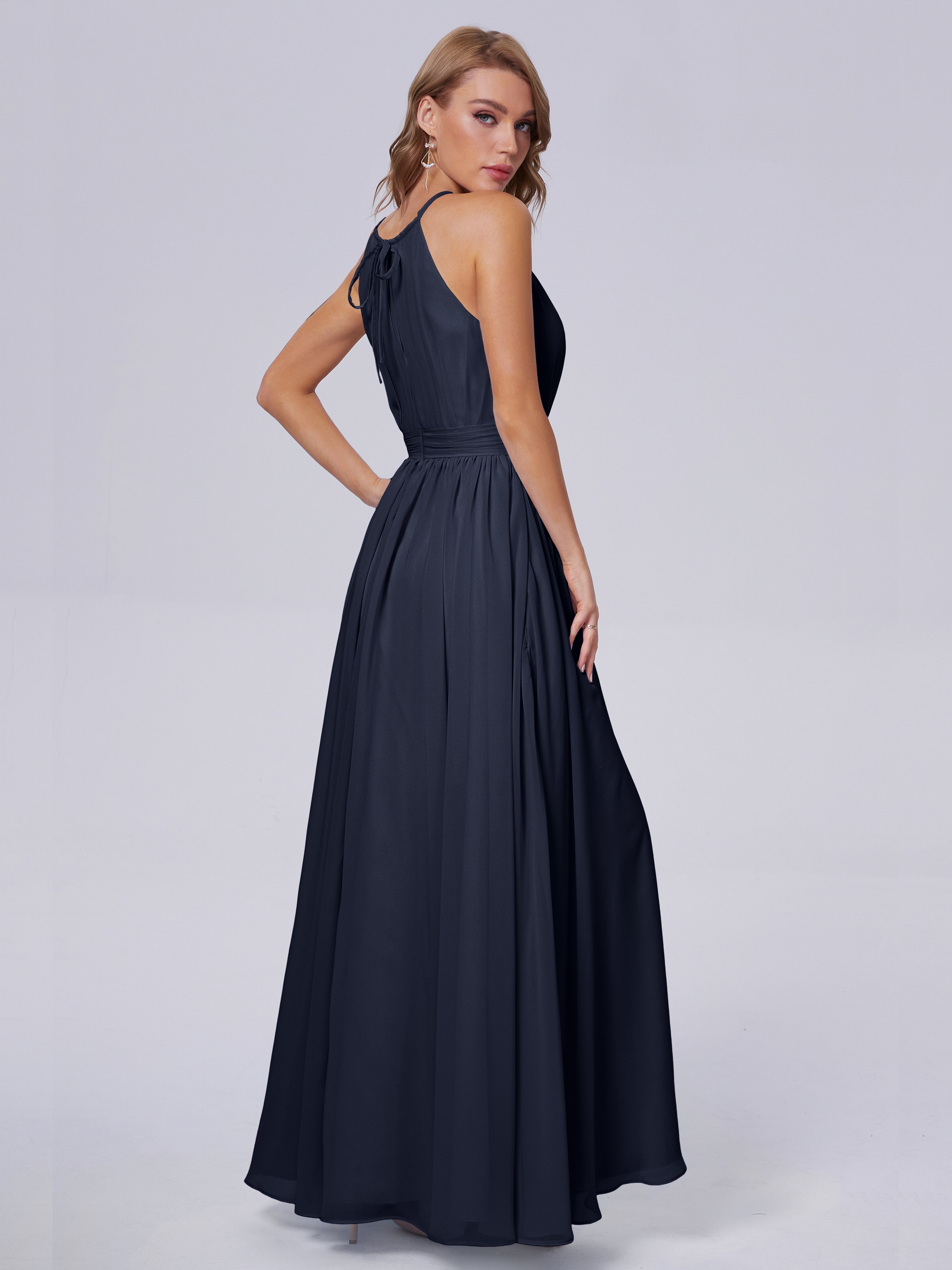 Demoiselle D'Honneur Bleu Marine Brillante Licou Mousseline Robes Demoiselle D'Honneur