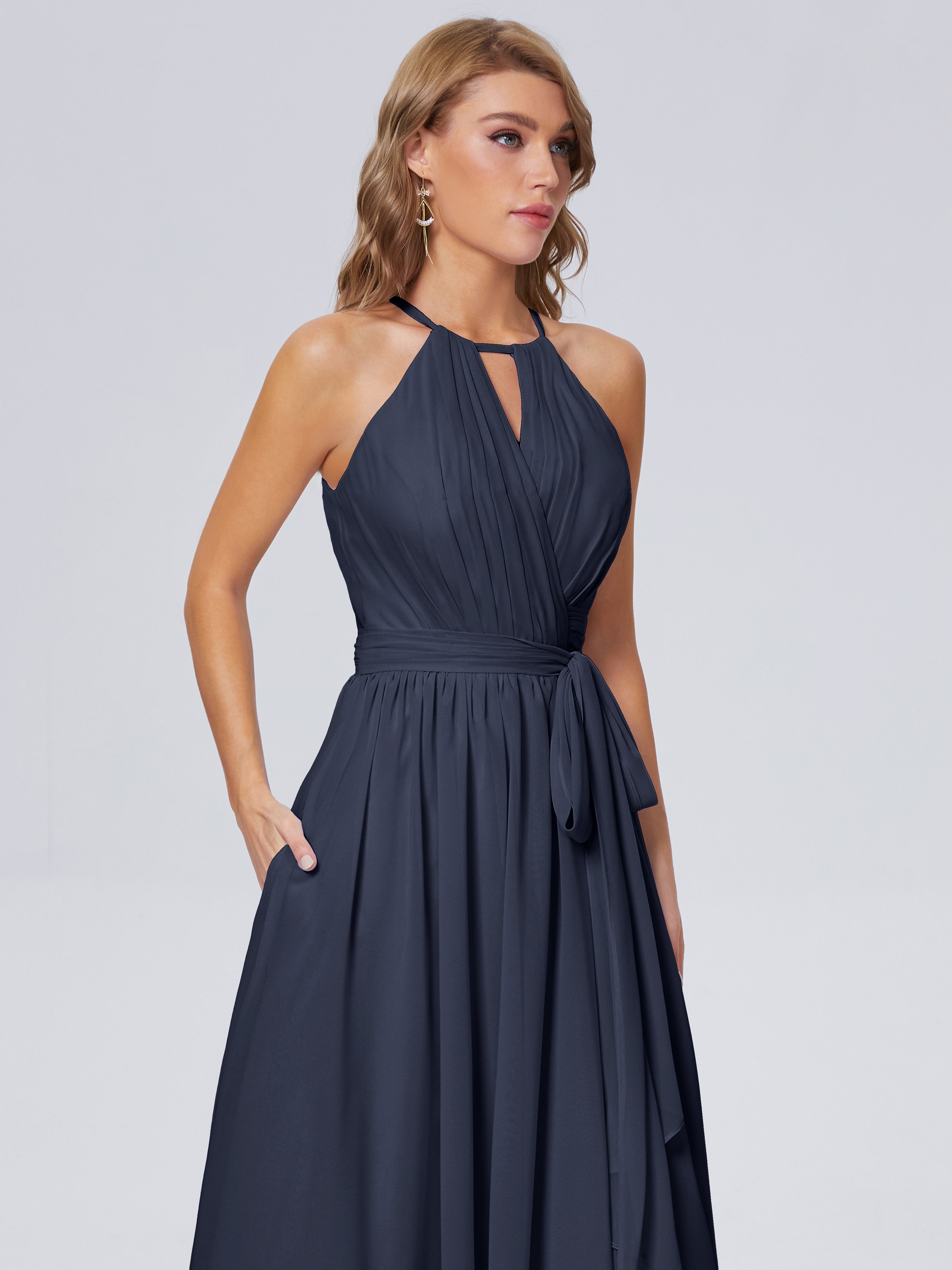 Demoiselle D'Honneur Bleu Marine Brillante Licou Mousseline Robes Demoiselle D'Honneur