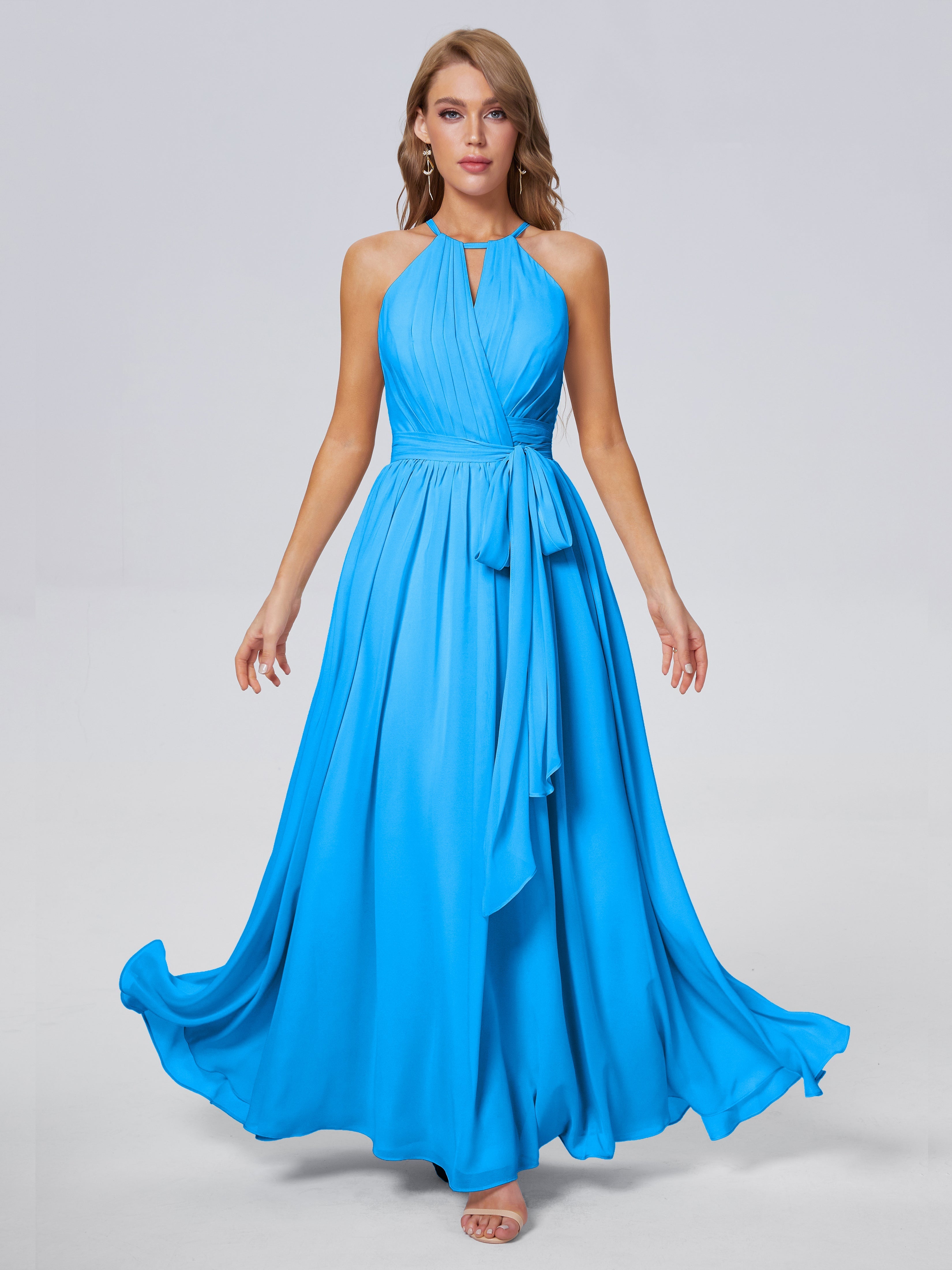 Robes De Demoiselle D'Honneur Bleu Océan Brillante Licou Mousseline Robes Demoiselle D'Honneur