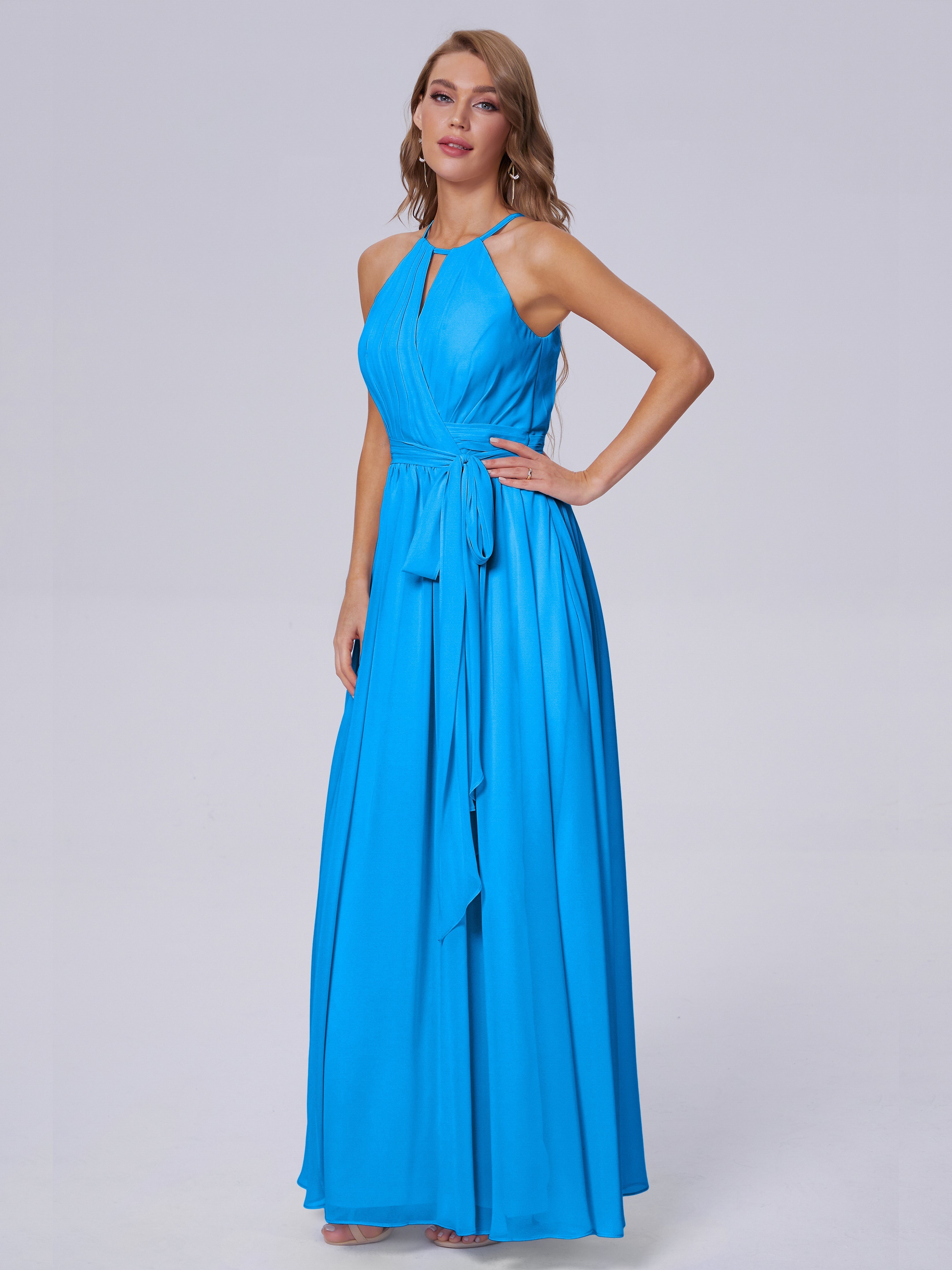 Robes De Demoiselle D'Honneur Bleu Océan Brillante Licou Mousseline Robes Demoiselle D'Honneur