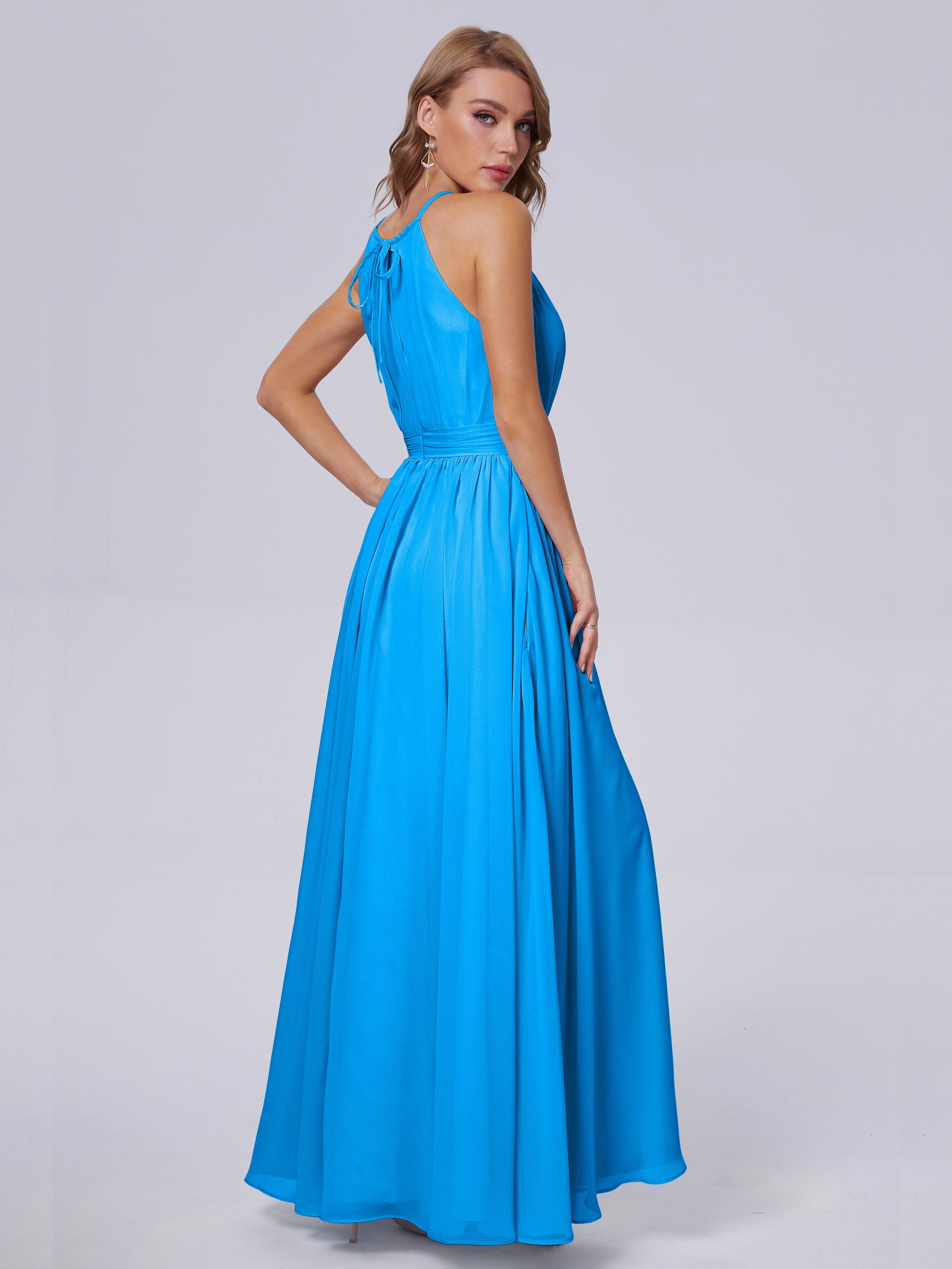 Robes De Demoiselle D'Honneur Bleu Océan Brillante Licou Mousseline Robes Demoiselle D'Honneur