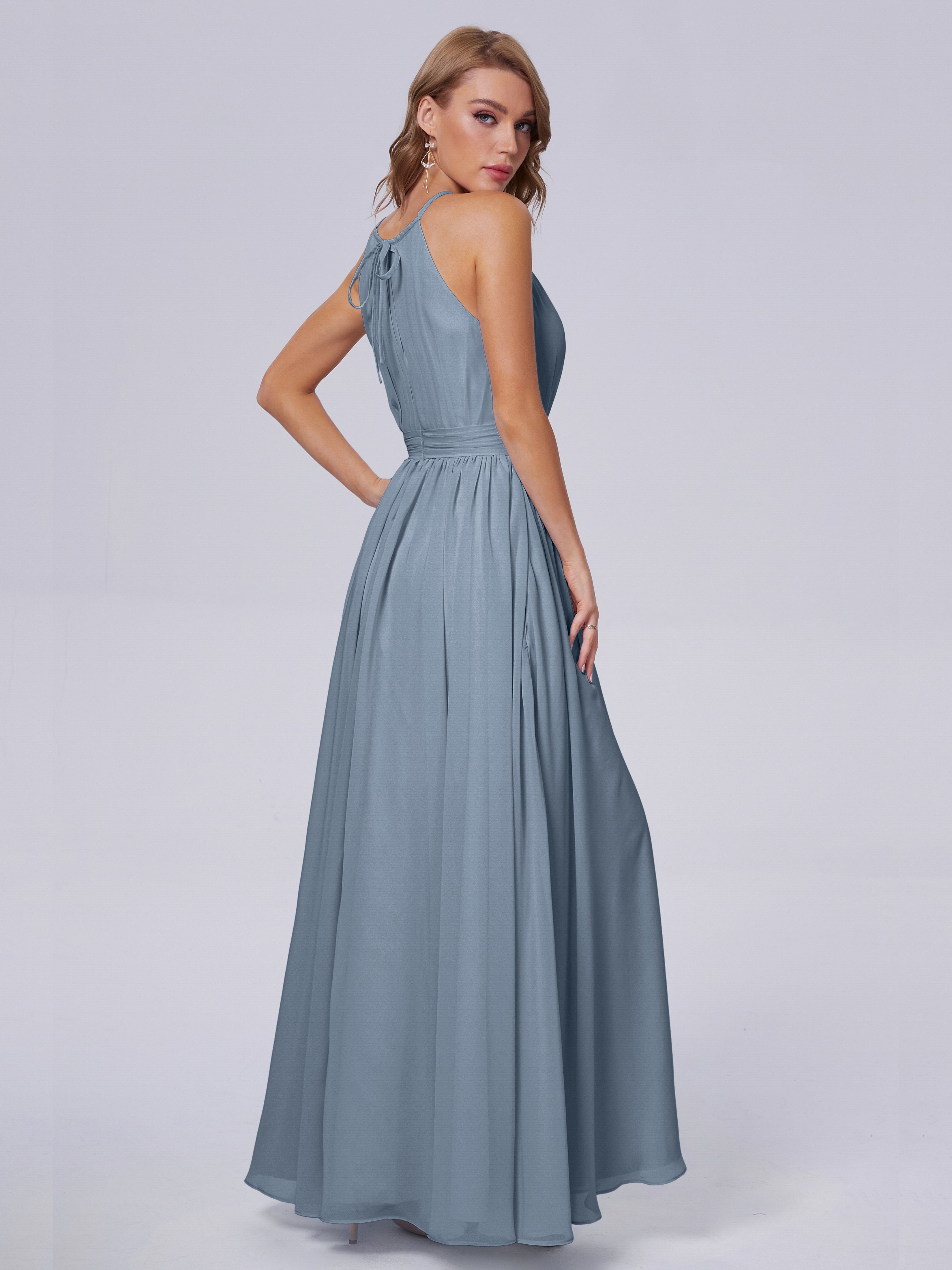Robes De Demoiselle D'Honneur Bleu Poussiéreux Brillante Licou Mousseline Robes Demoiselle D'Honneur