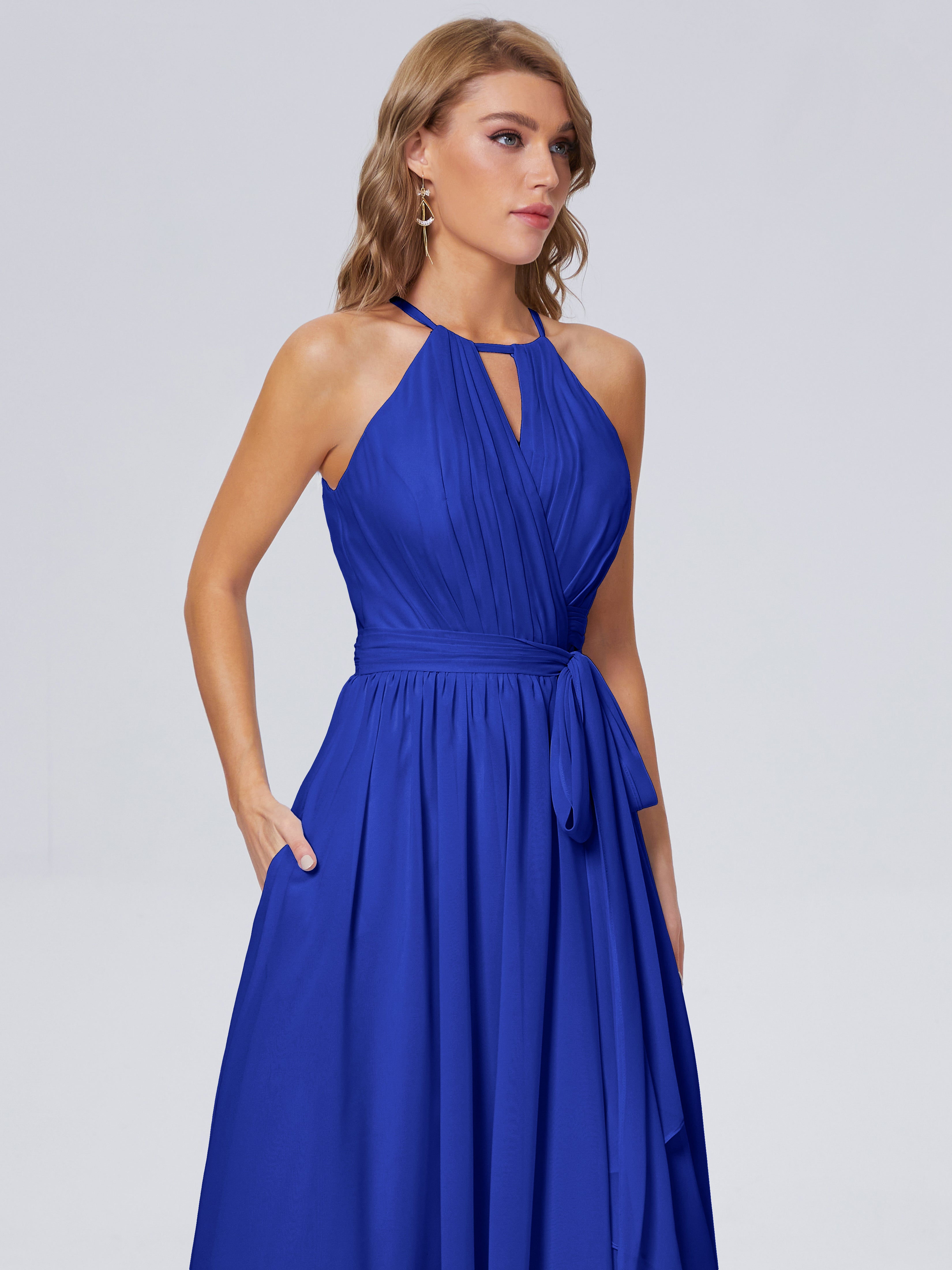 Robe De Demoiselle D Honneur Bleu Royal Brillante Licou Mousseline Robes Demoiselle D'Honneur