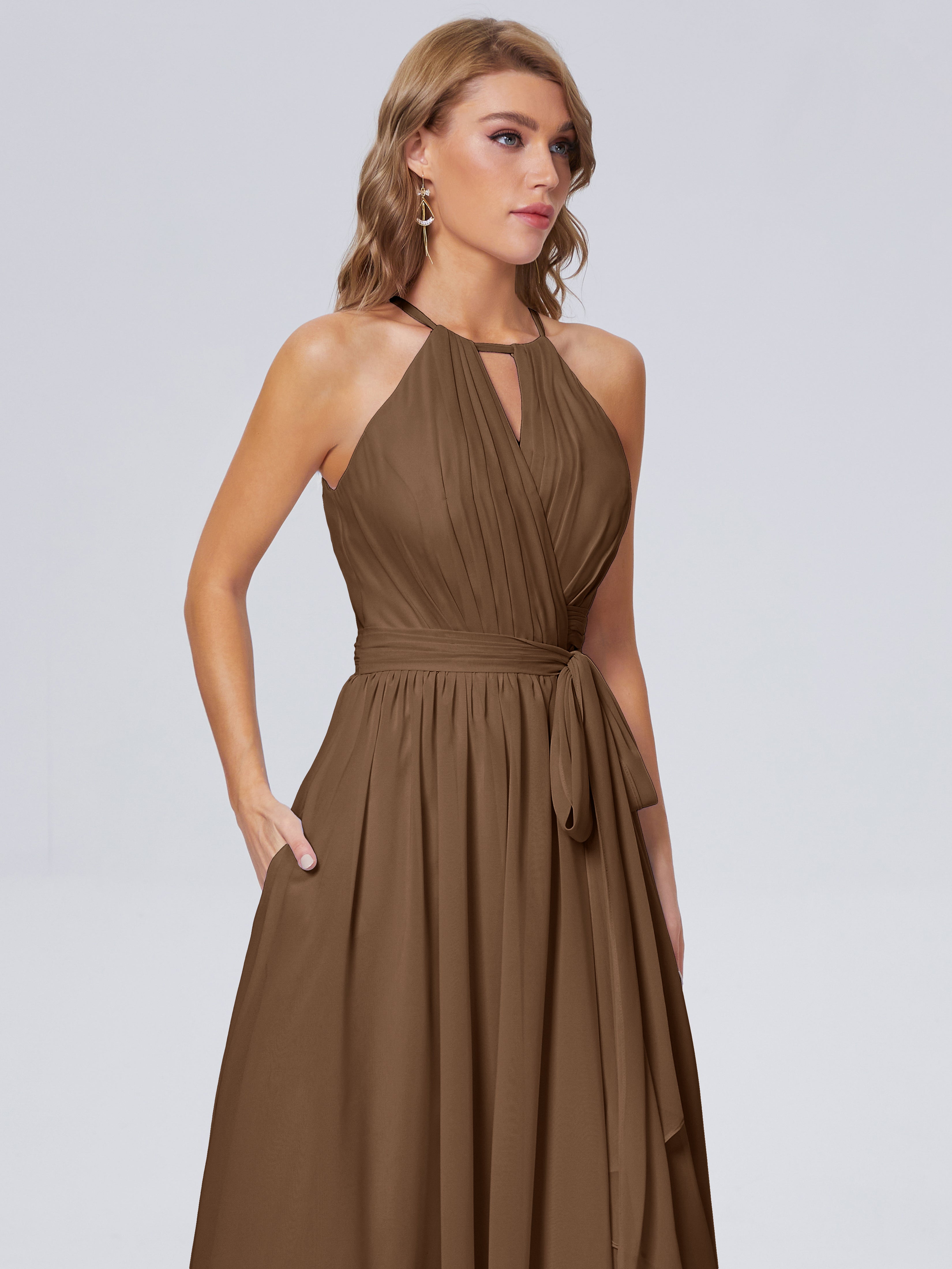 Robe Demoiselle D Honneur Brun Brillante Licou Mousseline Robes Demoiselle D'Honneur