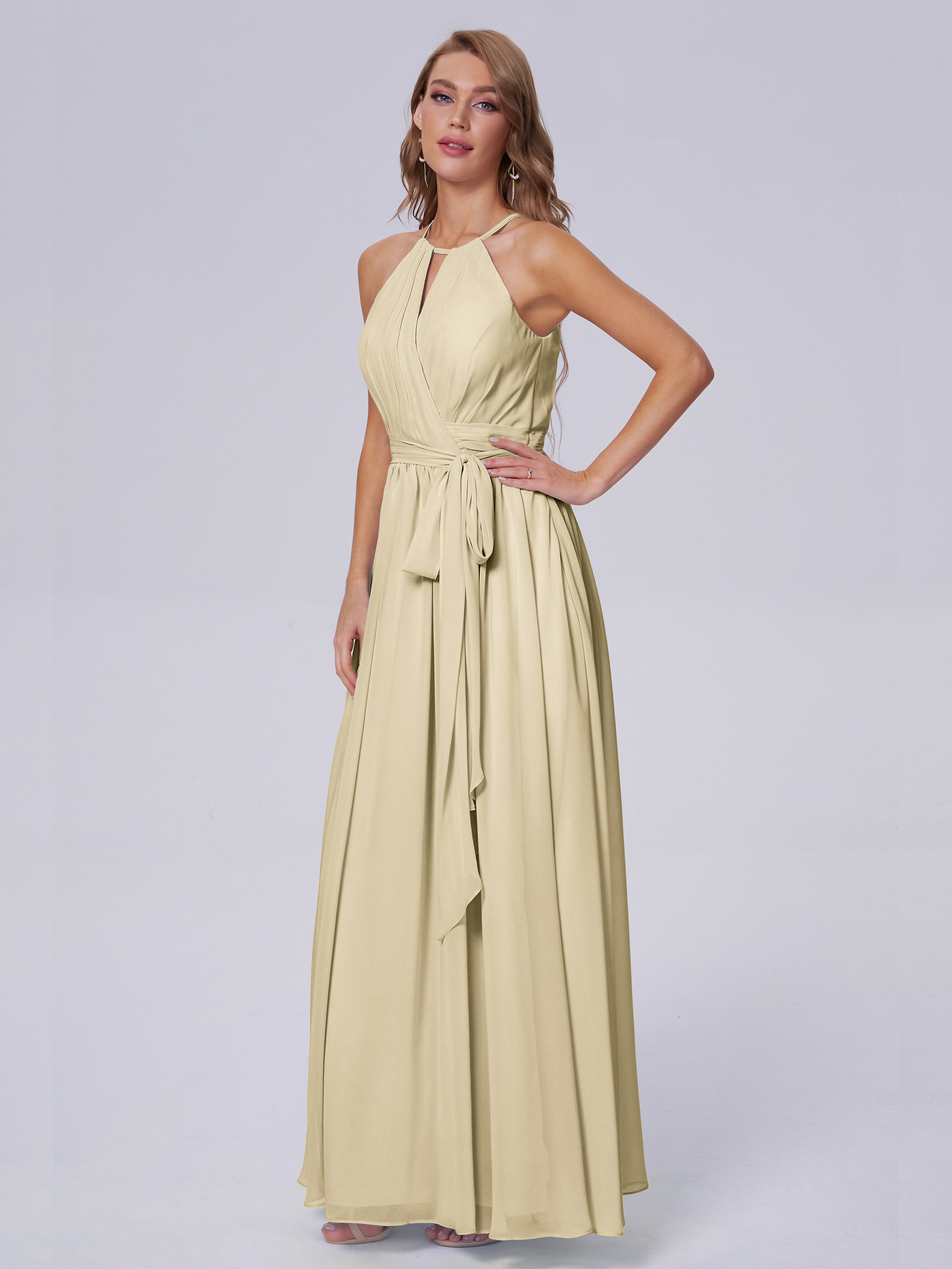 Robe Champagne Demoiselle D Honneur Brillante Licou Mousseline Robes Demoiselle D'Honneur