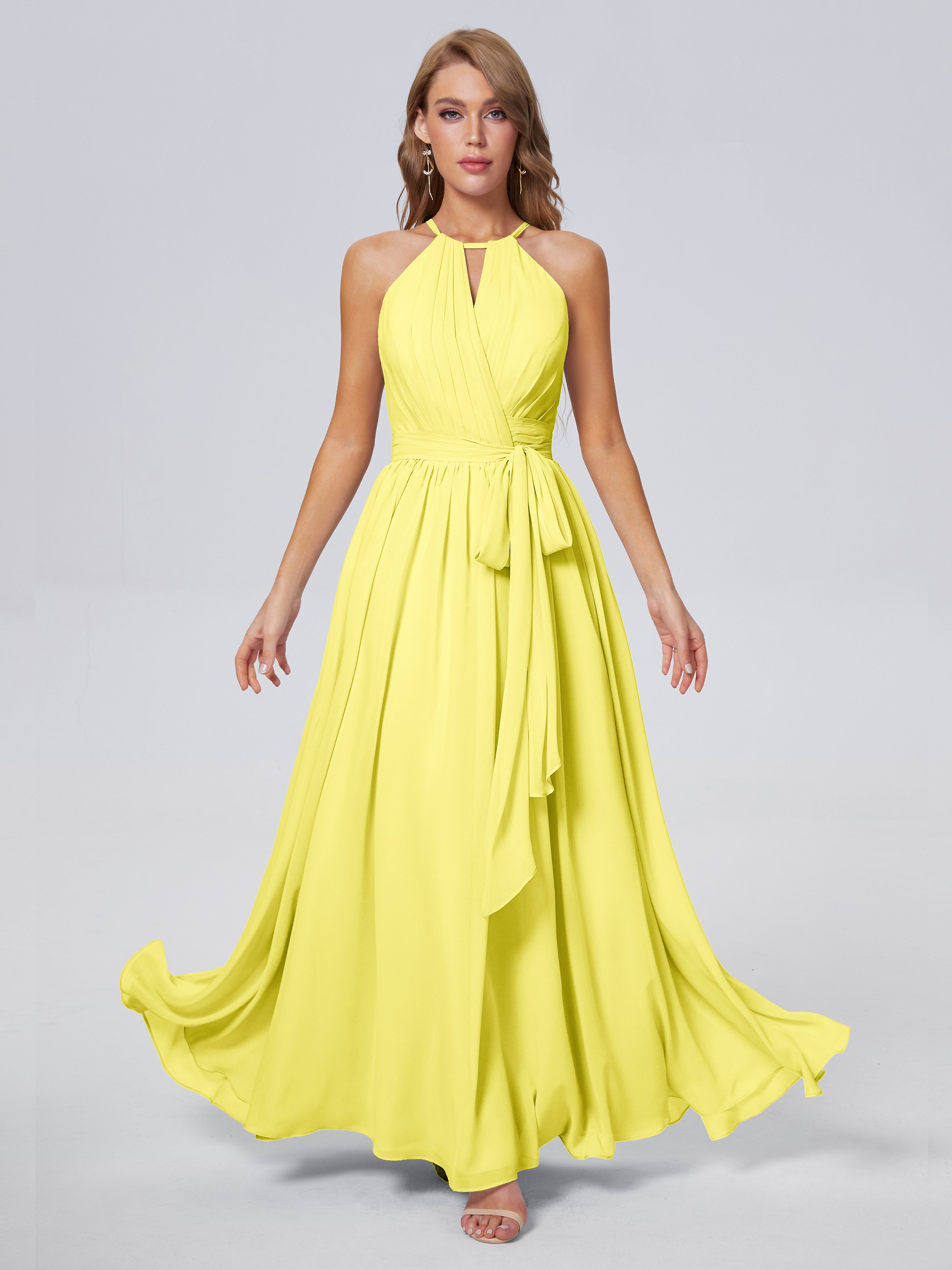 Robes De Demoiselle D'Honneur Citron Brillante Licou Mousseline Robes Demoiselle D'Honneur