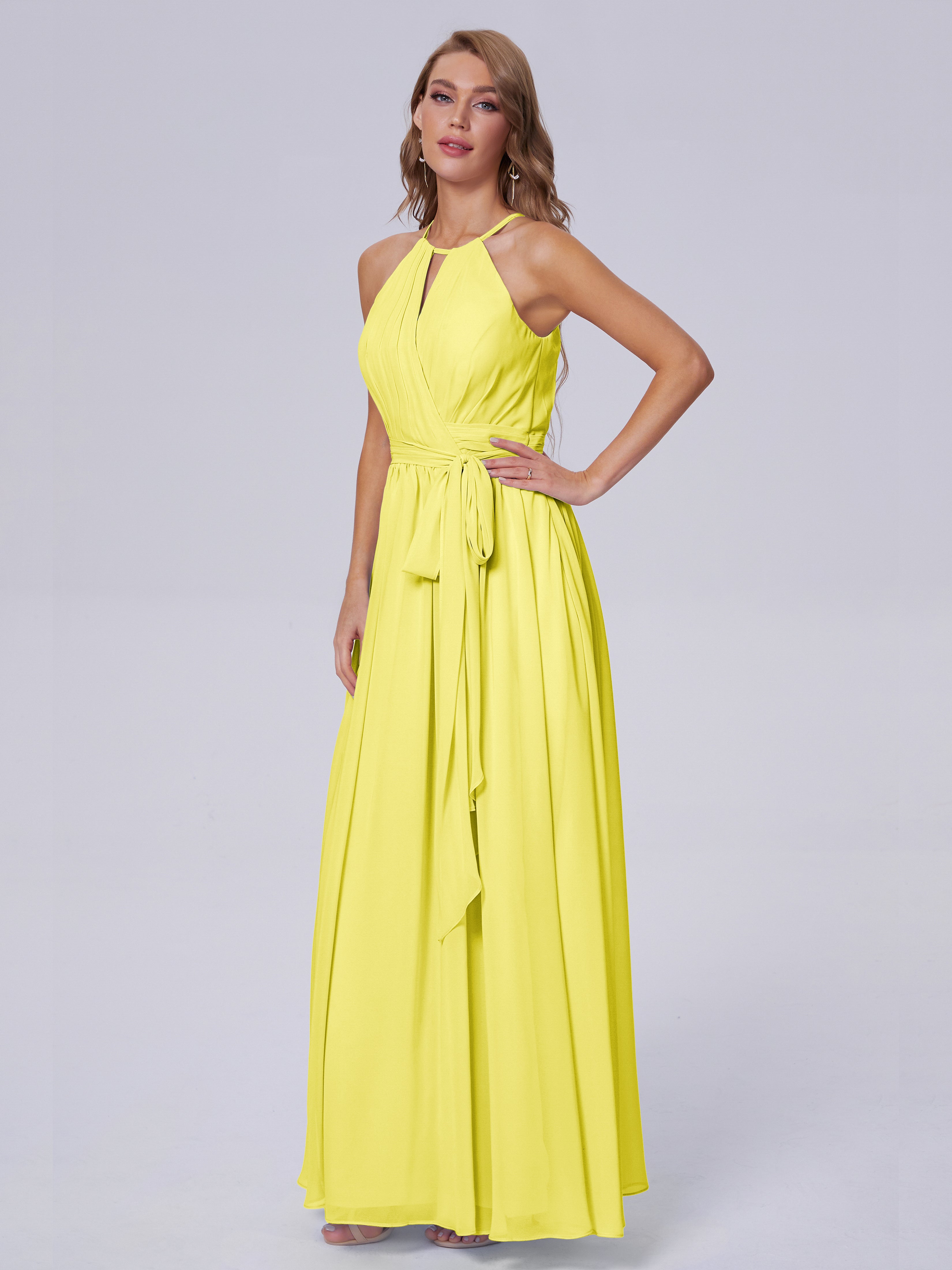 Robes De Demoiselle D'Honneur Citron Brillante Licou Mousseline Robes Demoiselle D'Honneur