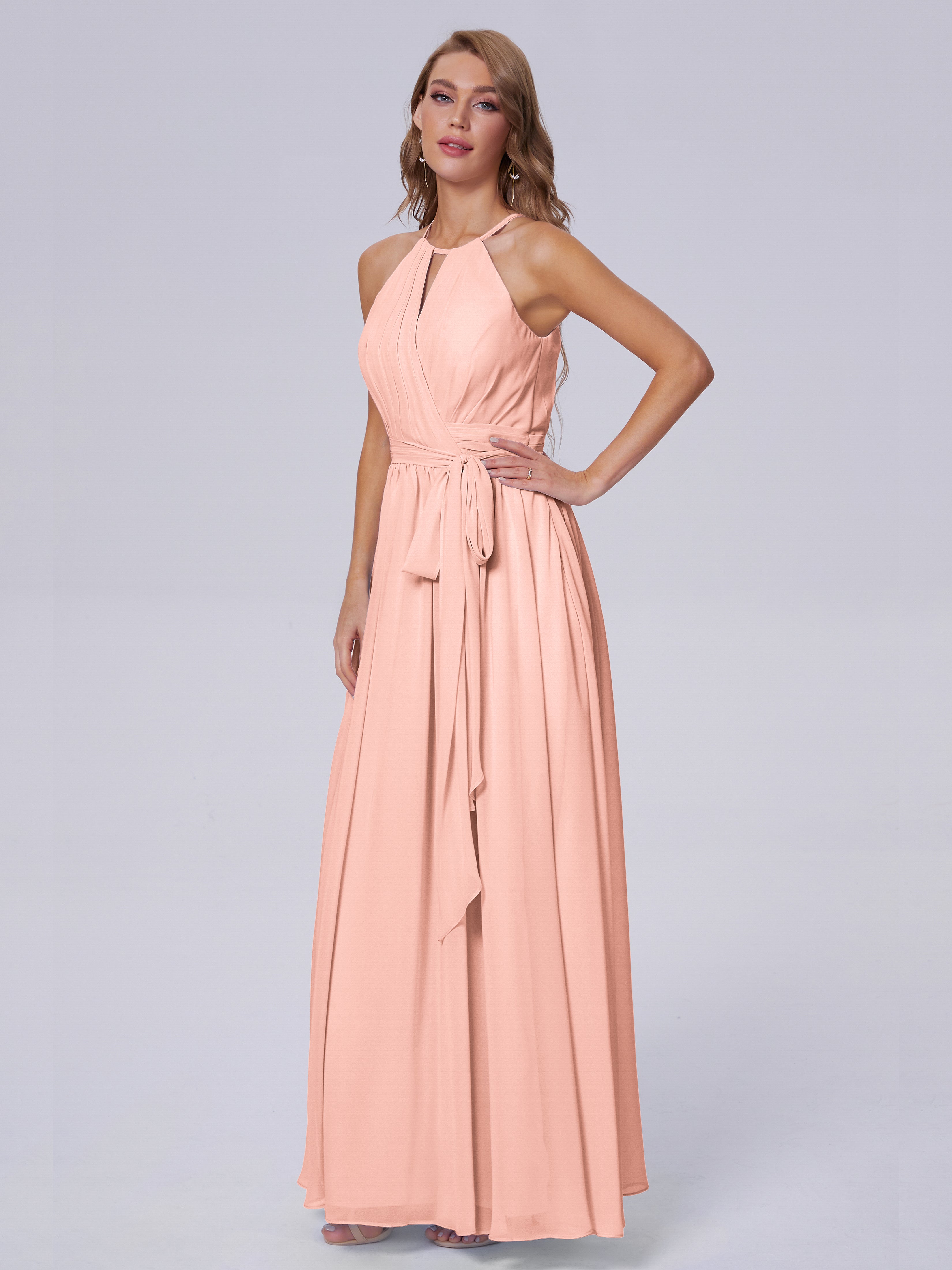 Robe De Demoiselle D Honneur Corail Brillante Licou Mousseline Robes Demoiselle D'Honneur