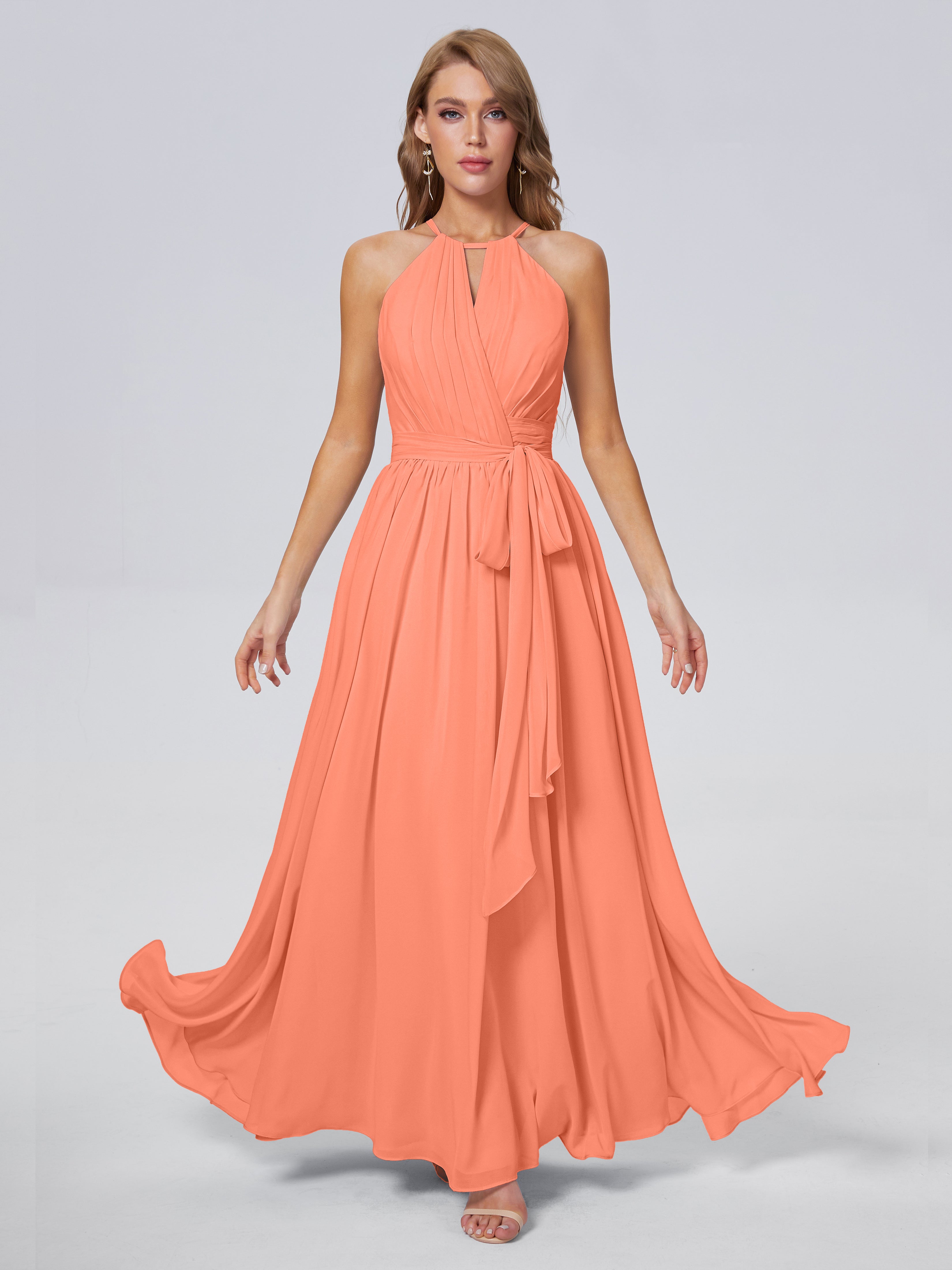 Robes De Demoiselle D'Honneur Coucher De Soleil Brillante Licou Mousseline Robes Demoiselle D'Honneur