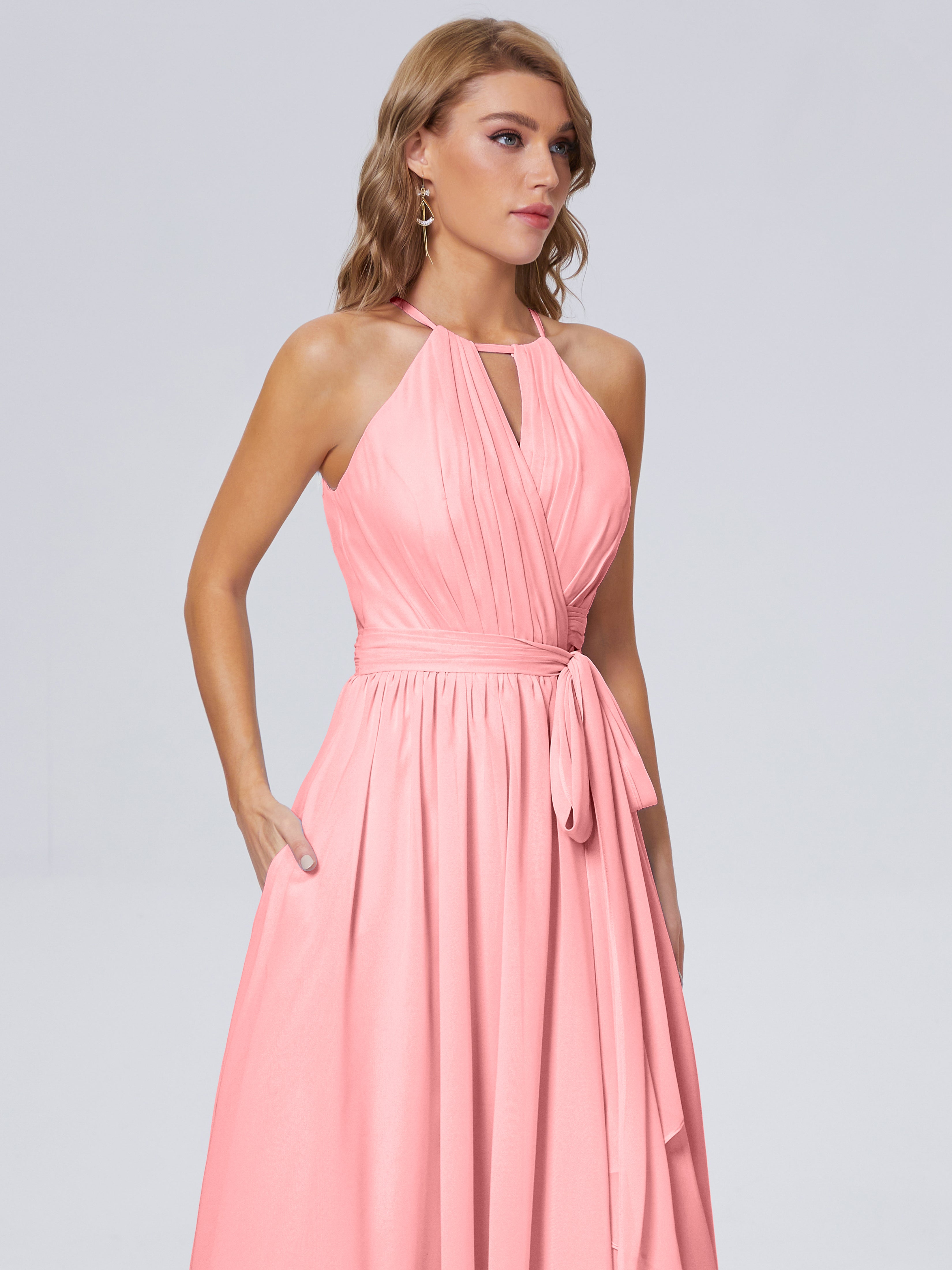 Robes De Demoiselle D'Honneur Flamant Brillante Licou Mousseline Robes Demoiselle D'Honneur
