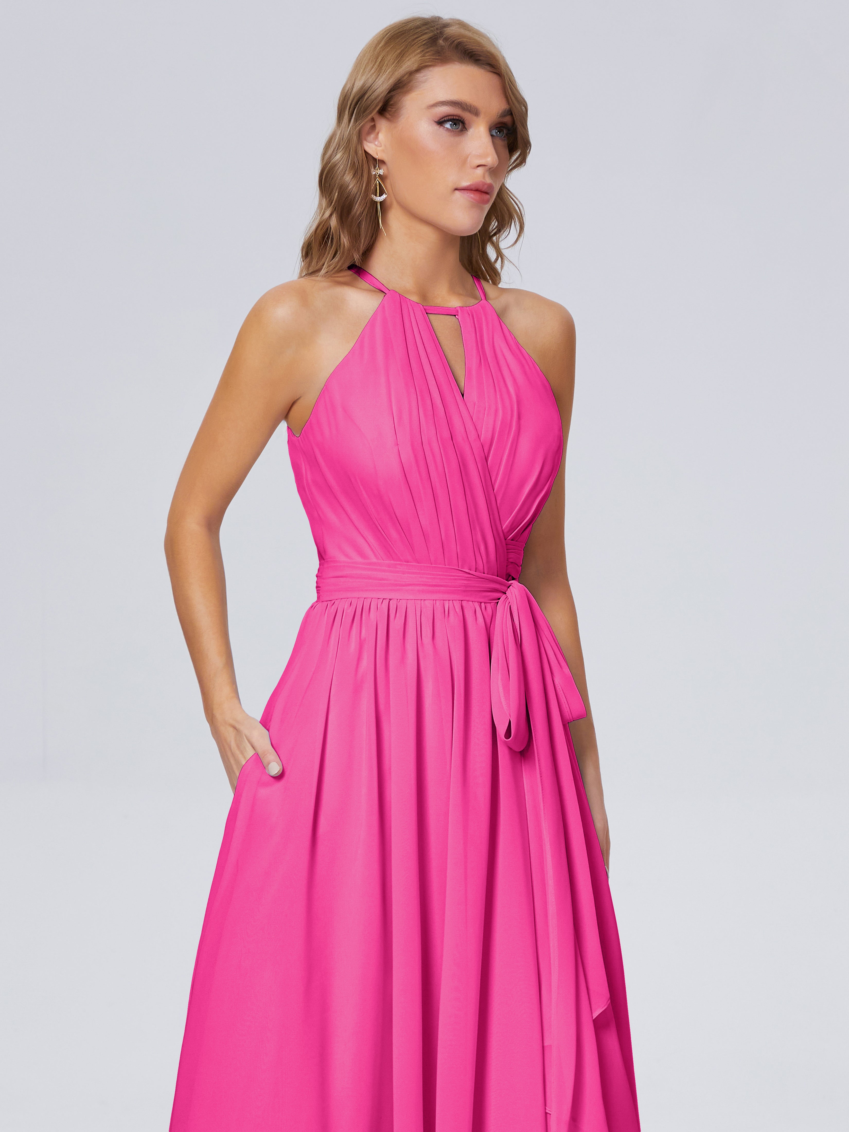 Robe Fuchsia Demoiselle D Honneur Brillante Licou Mousseline Robes Demoiselle D'Honneur