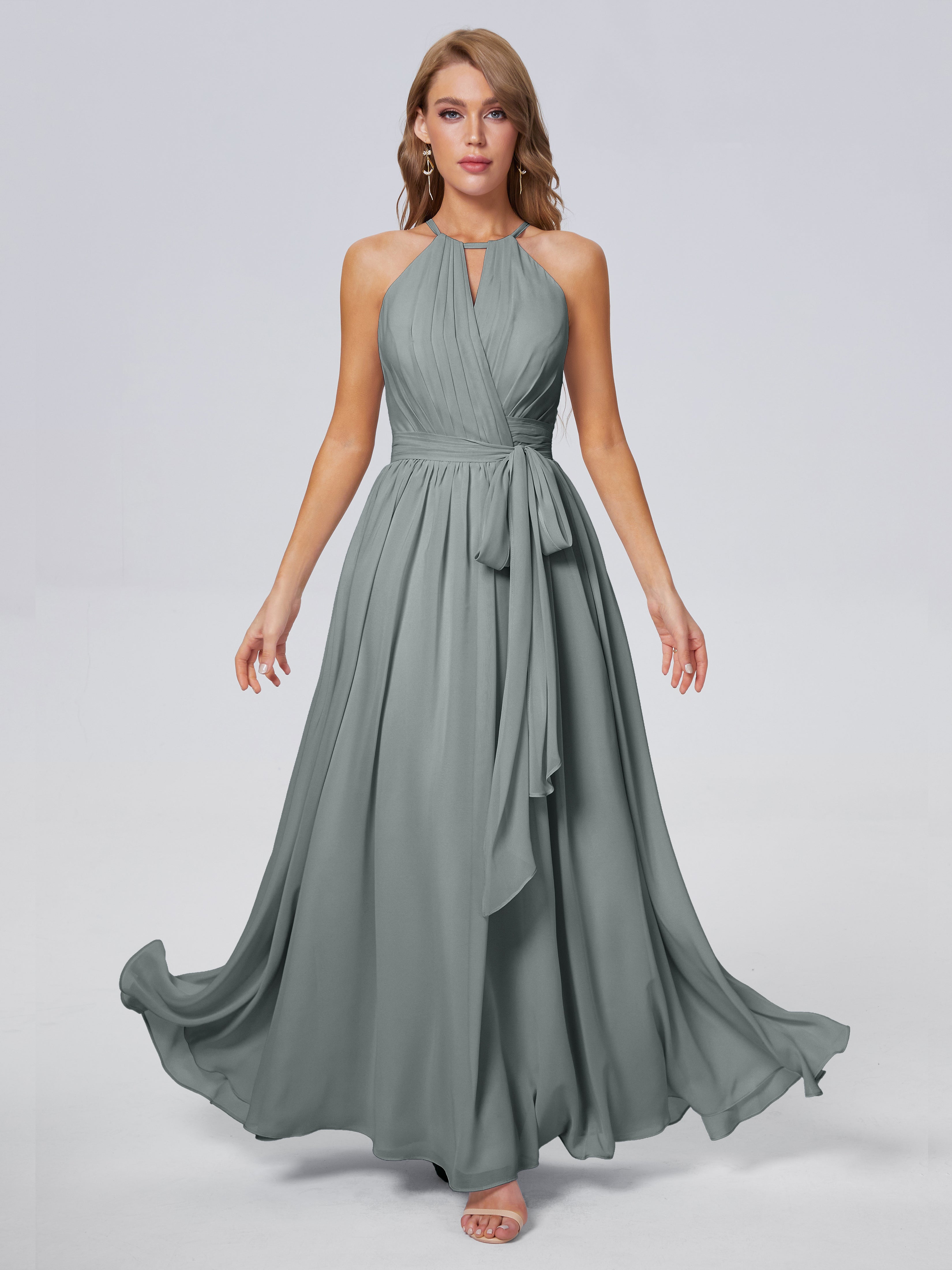 Robe Demoiselle D Honneur Gris Argenté Brillante Licou Mousseline Robes Demoiselle D'Honneur