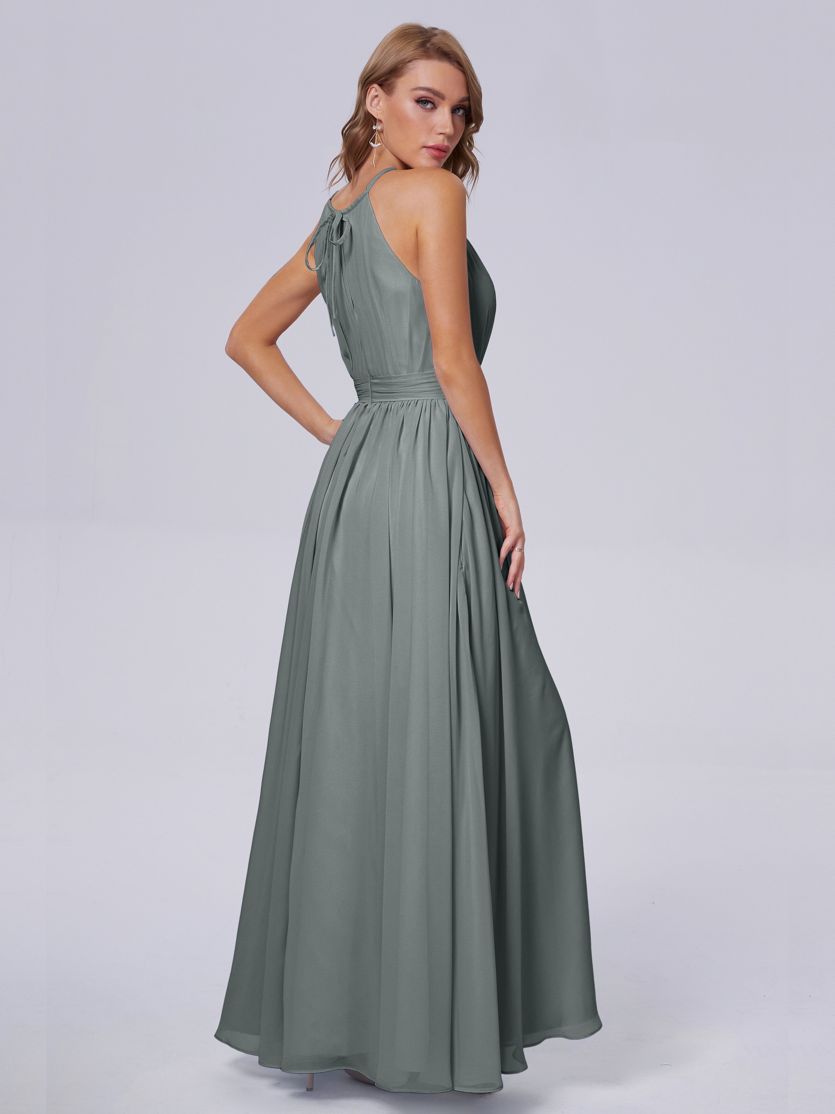 Robe Demoiselle D Honneur Gris Argenté Brillante Licou Mousseline Robes Demoiselle D'Honneur