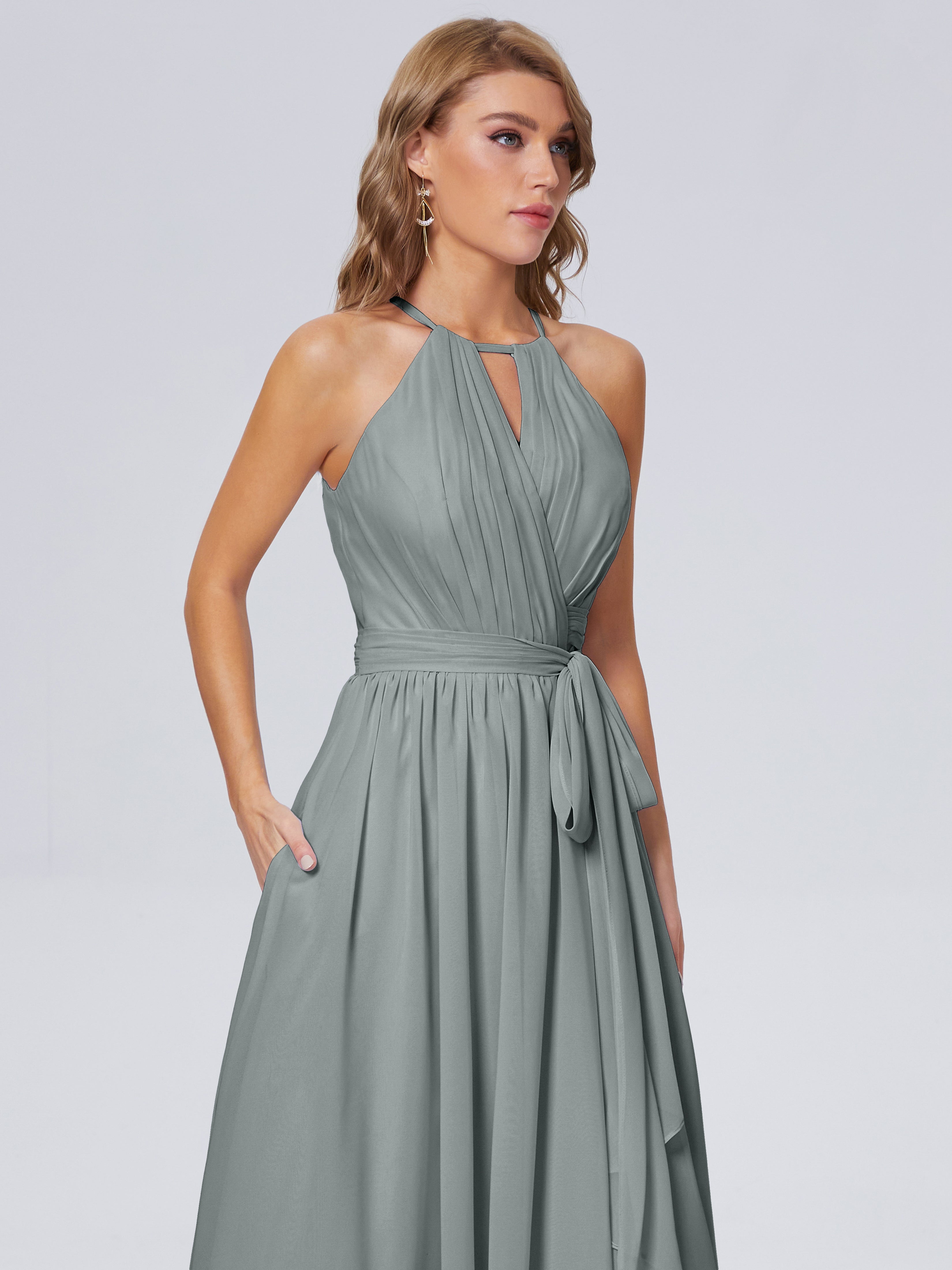 Robe Demoiselle D Honneur Gris Argenté Brillante Licou Mousseline Robes Demoiselle D'Honneur