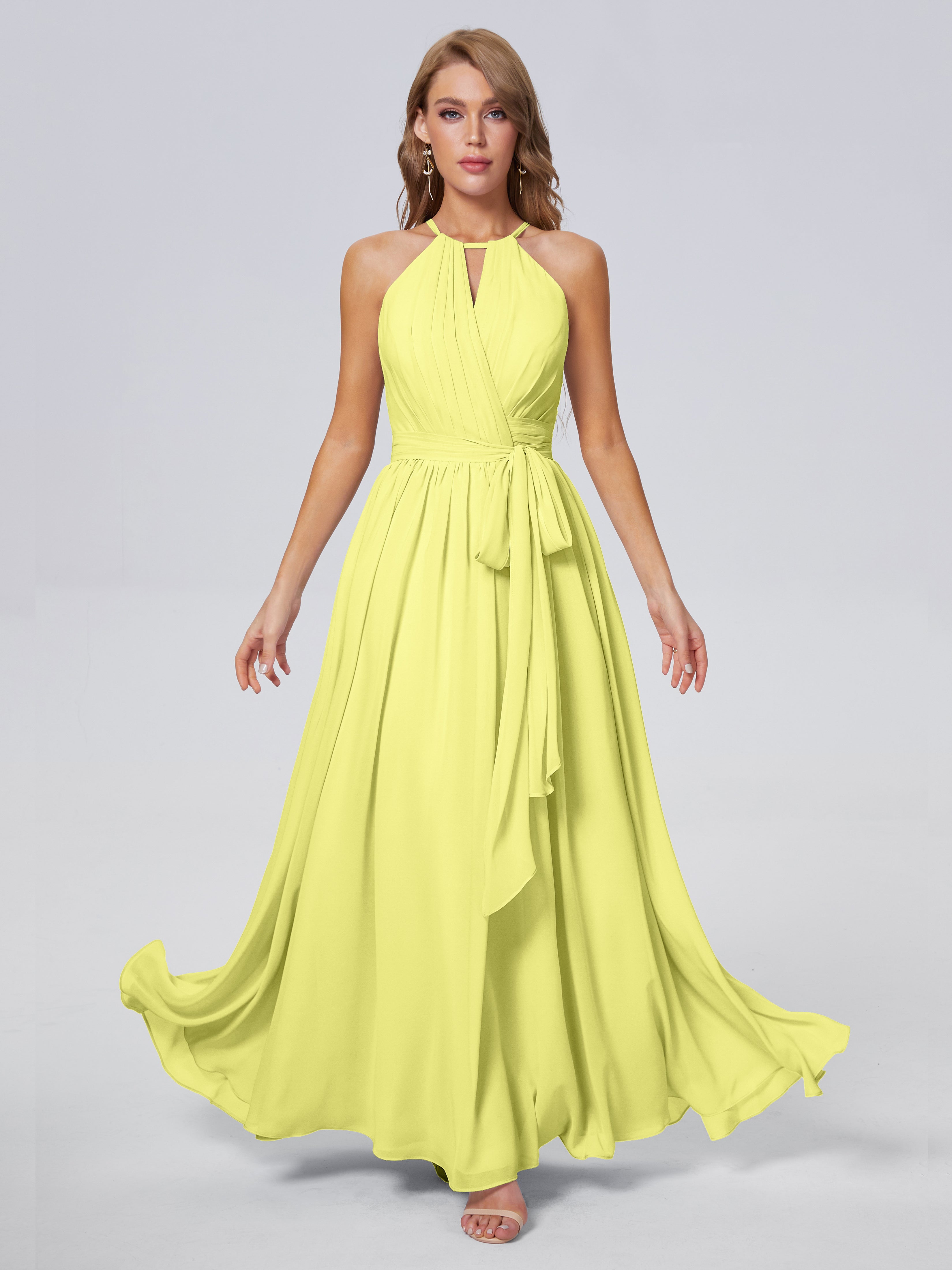 Robes De Demoiselle D'Honneur Jonquille Brillante Licou Mousseline Robes Demoiselle D'Honneur